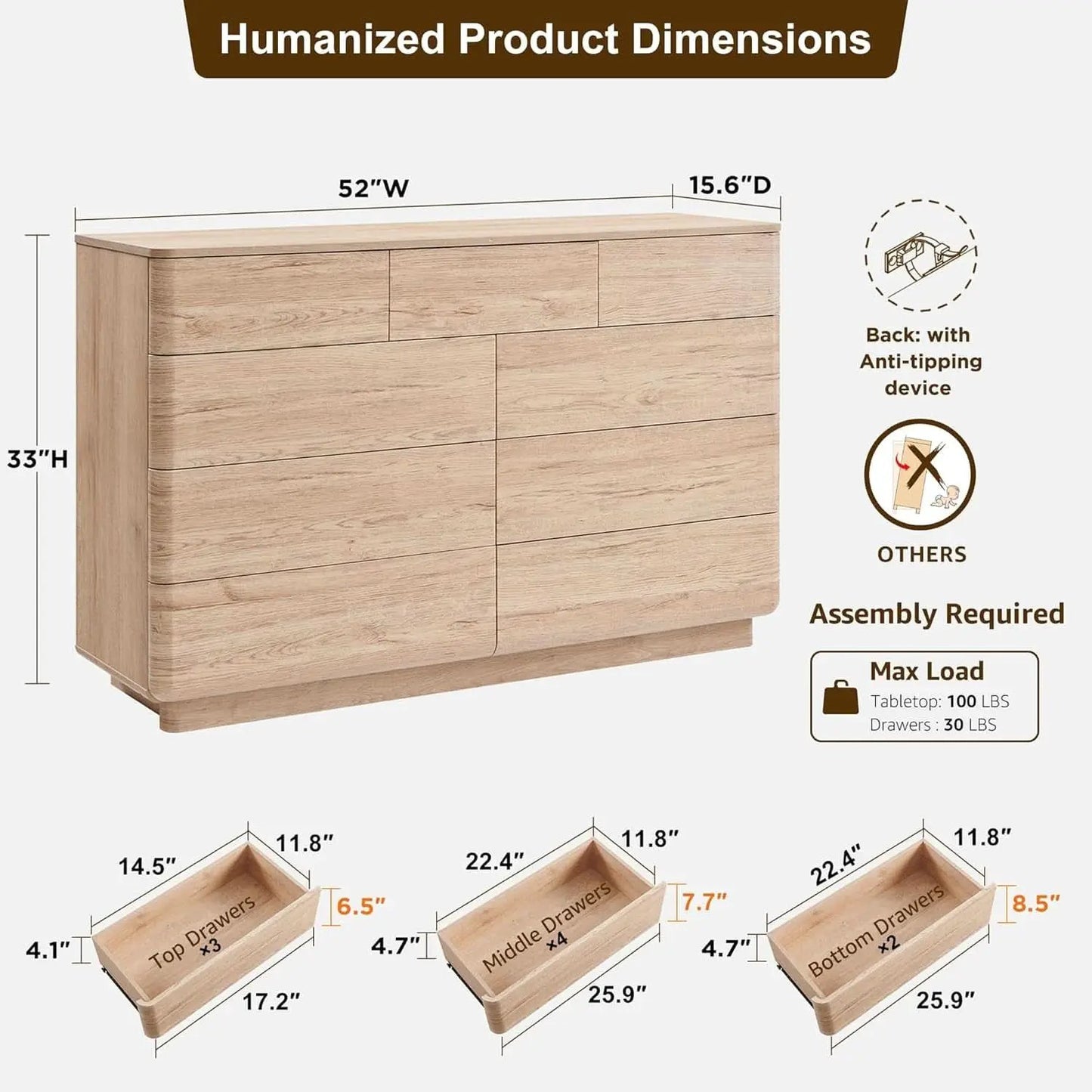 Contemporary 52 Inch Wide Nine Drawer Dresser Oak Finish from PriceLows™