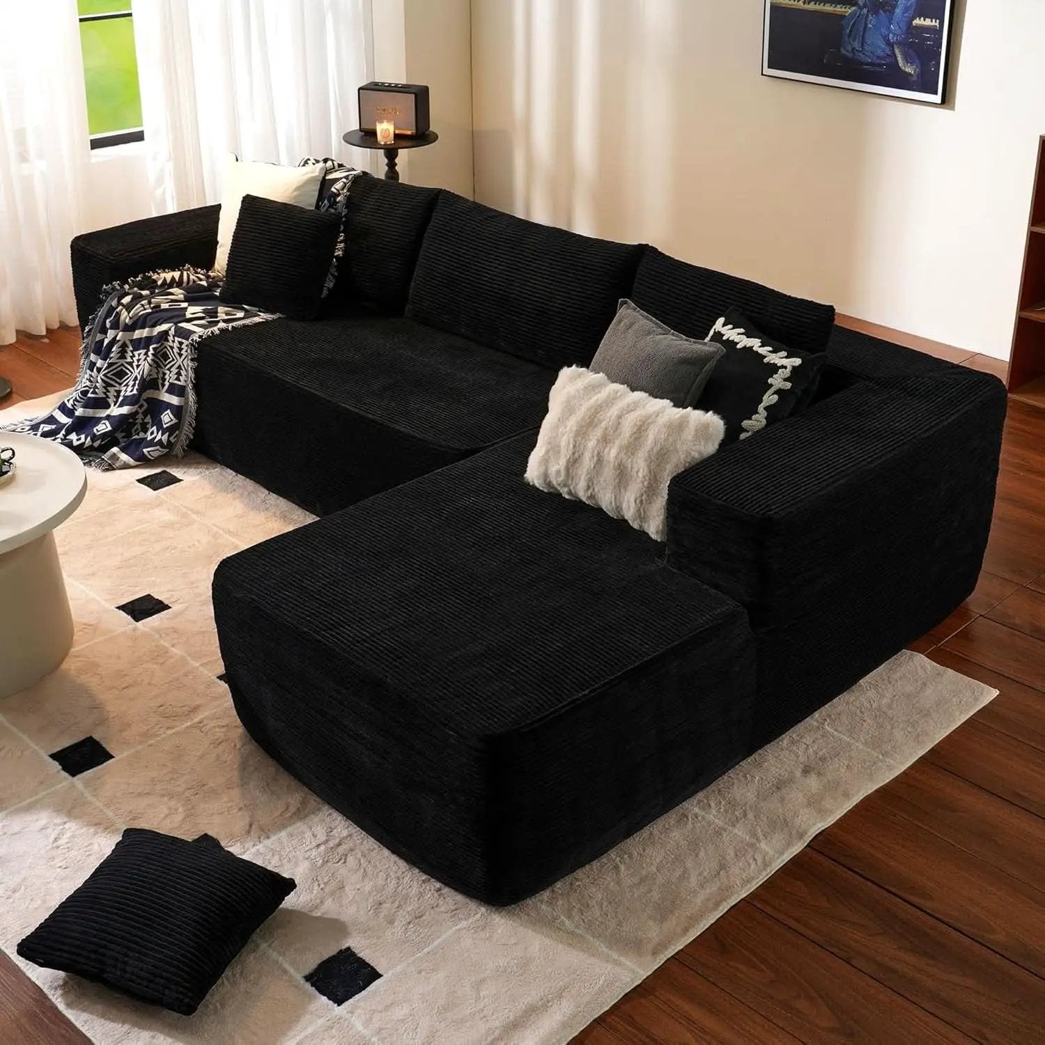 104 Inch Black Corduroy L Shaped Sectional Sofa Deep Set Upholstered Modular Couch No Assembly from PriceLows™