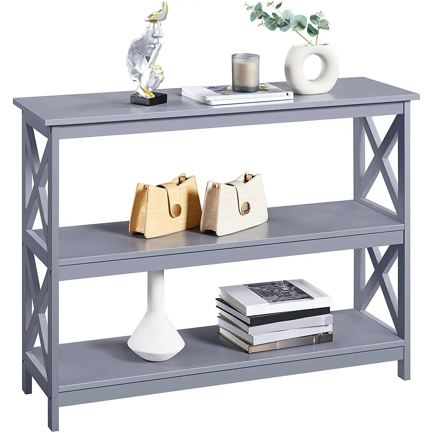 Gray Three Tier Console Table With Storage Shelves from PriceLows™
