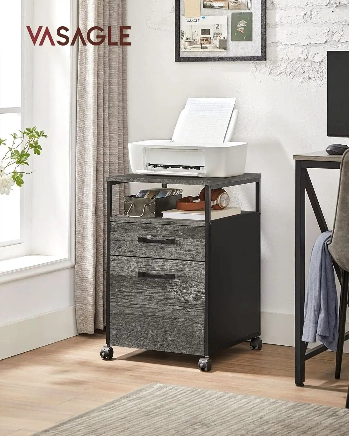Mobile File Cabinet With Wheels 2 Drawers Open Shelf Charcoal Gray And Ink Black from PriceLows™