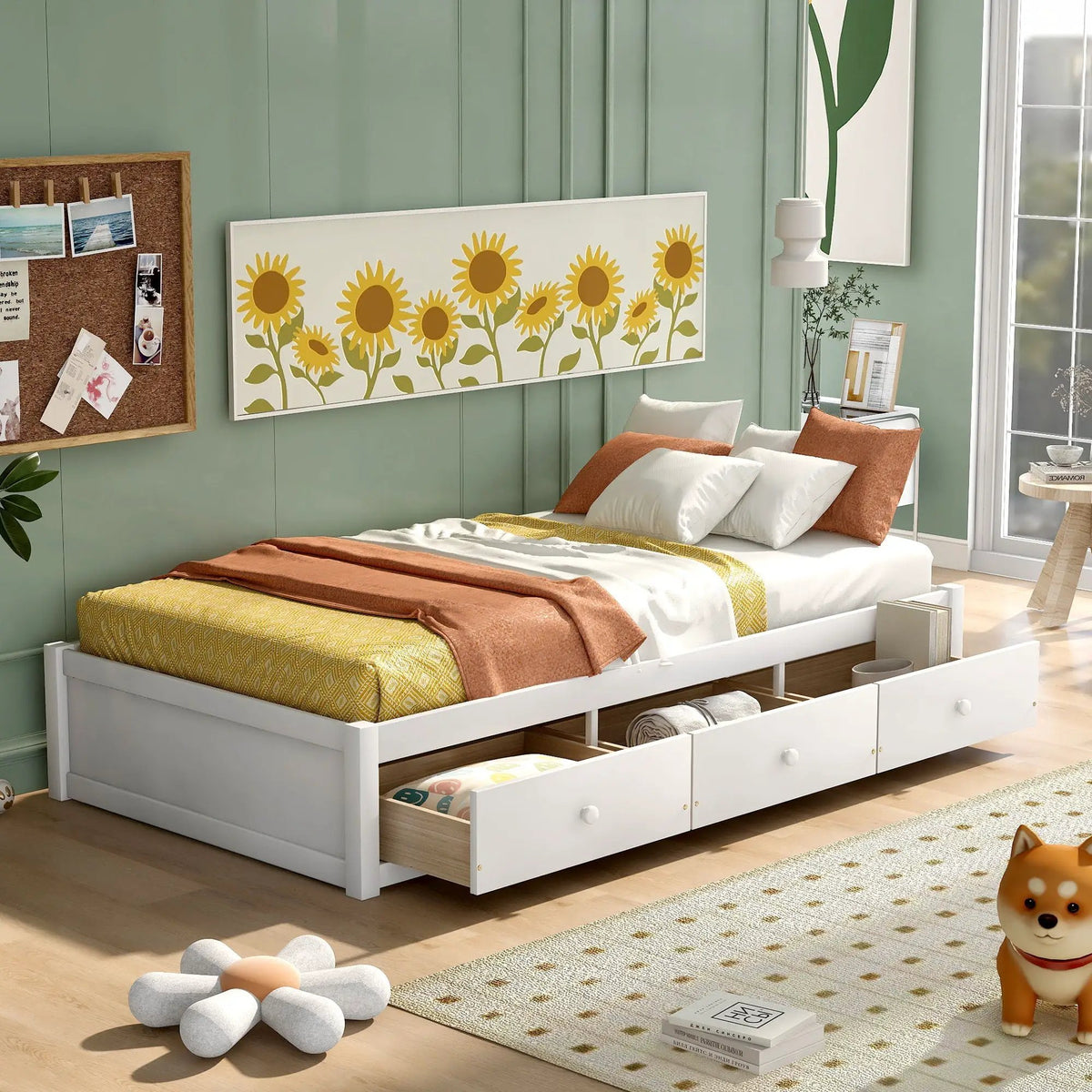Platform Storage Bed | Solid Wood | 3 Drawers | Twin White