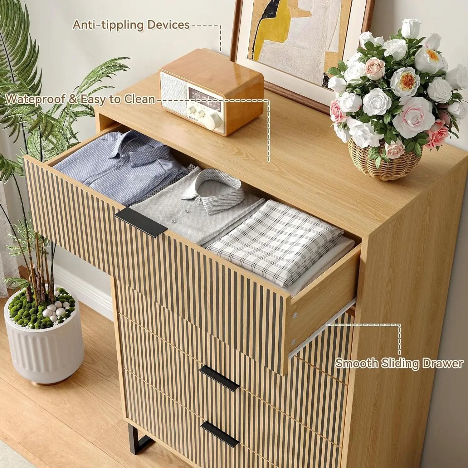 49.2 Inch Tall Five Drawer MatteNaturalFinish Dresser from PriceLows™