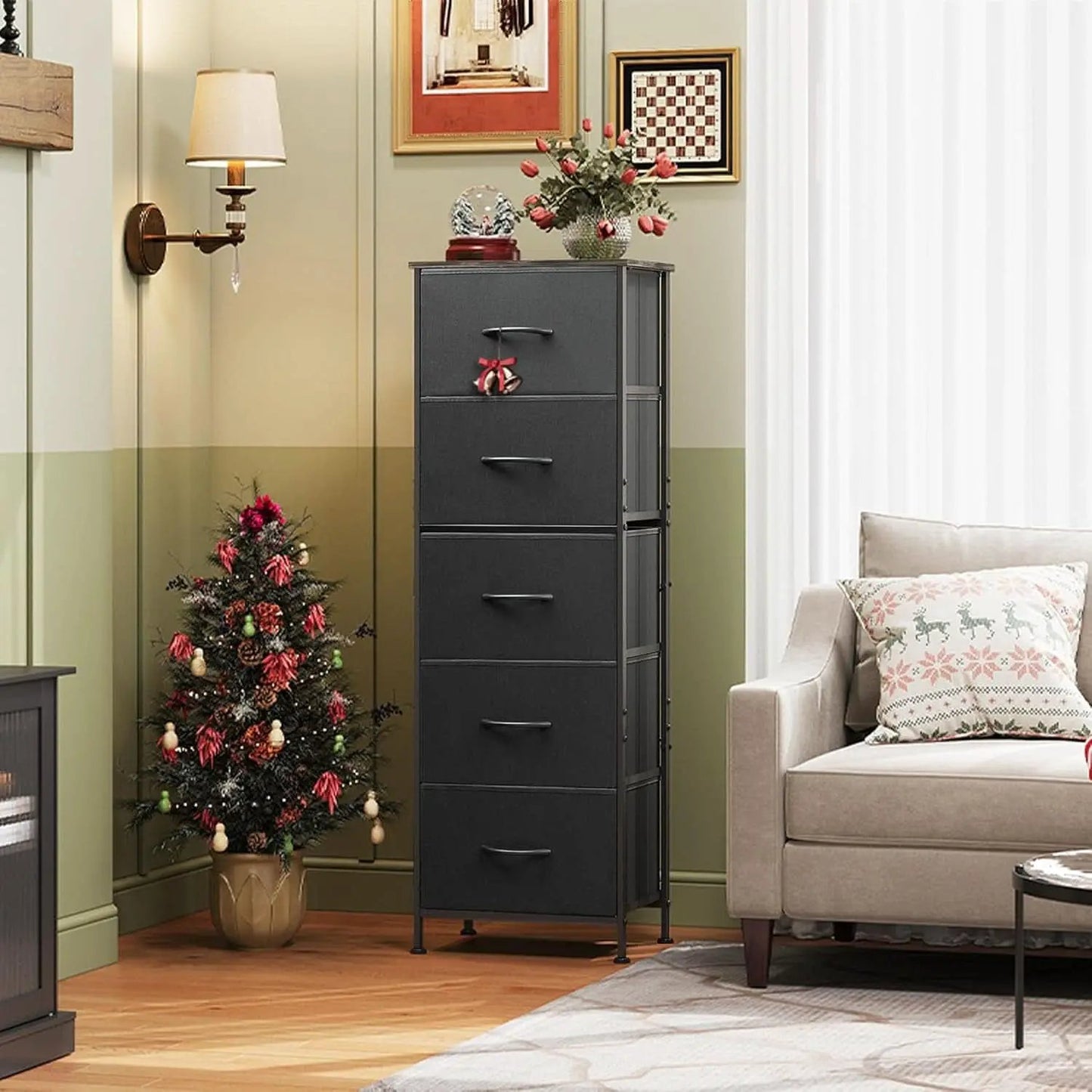 Fabric Dresser 5 Drawer Tall Storage Charcoal Black from PriceLows™