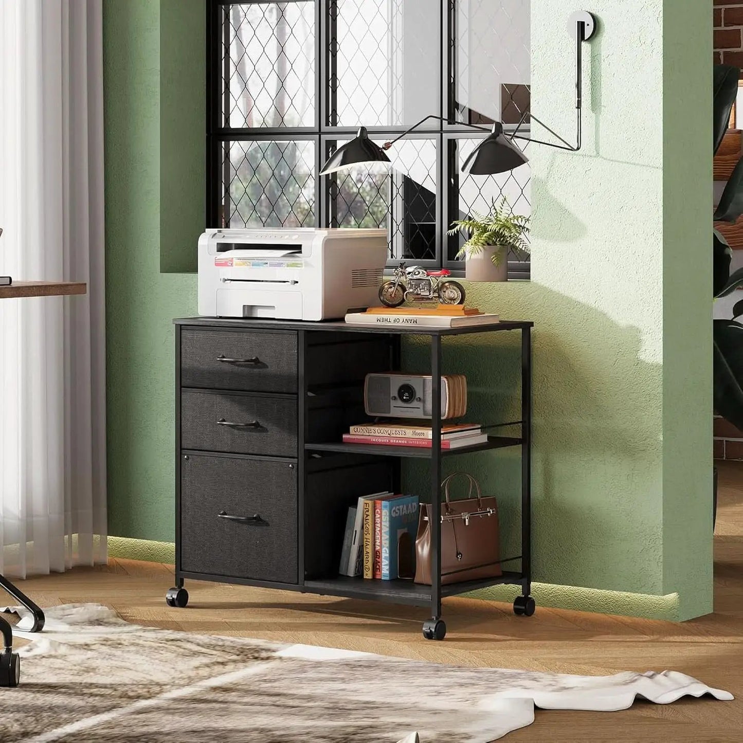 3 Drawer Mobile File Cabinet With Rolling Printer Stand And Open Storage Shelf For A4 Or Letter Size In Black from PriceLows™