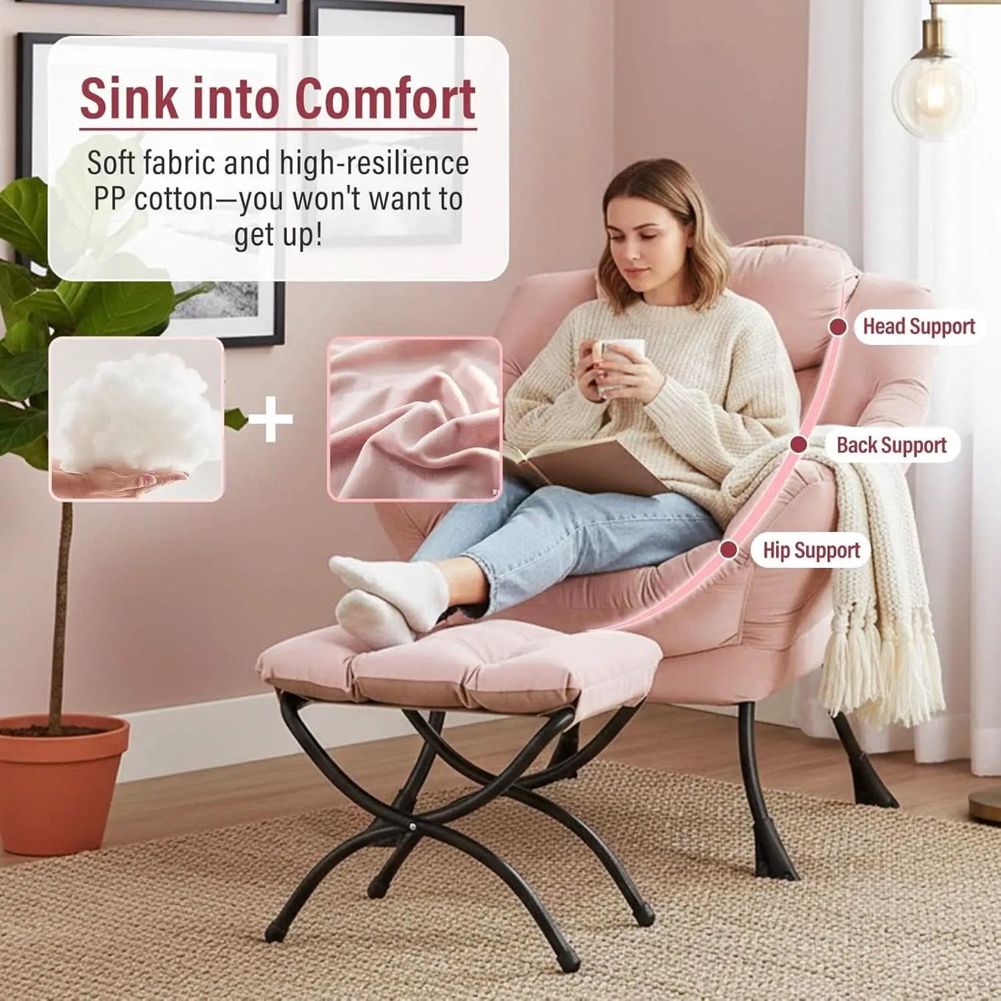Pink Velvet Lounge Chair With Folding Footrest Ottoman from PriceLows™