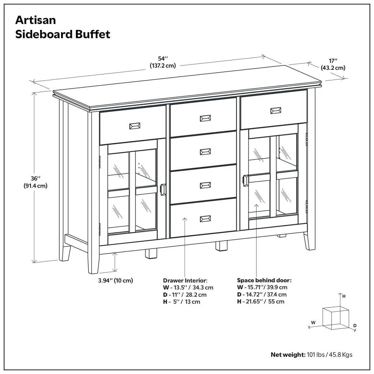 Artisan Sideboard Buffet | Handcrafted Solid Wood | 6 Center Drawers | Metal Glides