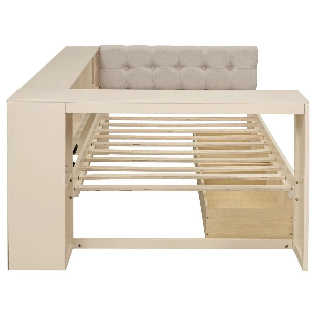 Upholstered Headboard Platform Bed | Storage Shelves | Two Drawers | Charging Station