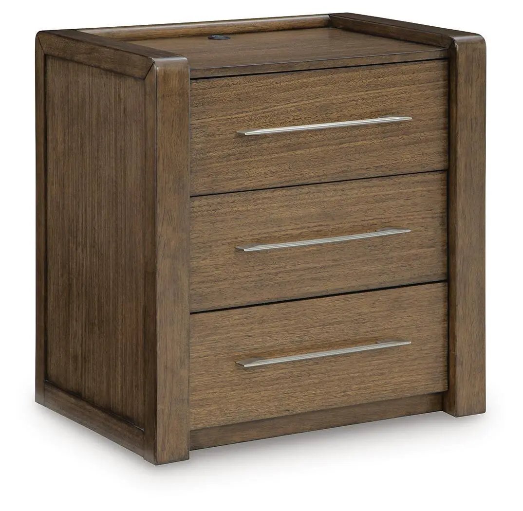 Marxmore Three Drawer Nightstand | Charging | Brown | Lined Top Drawer