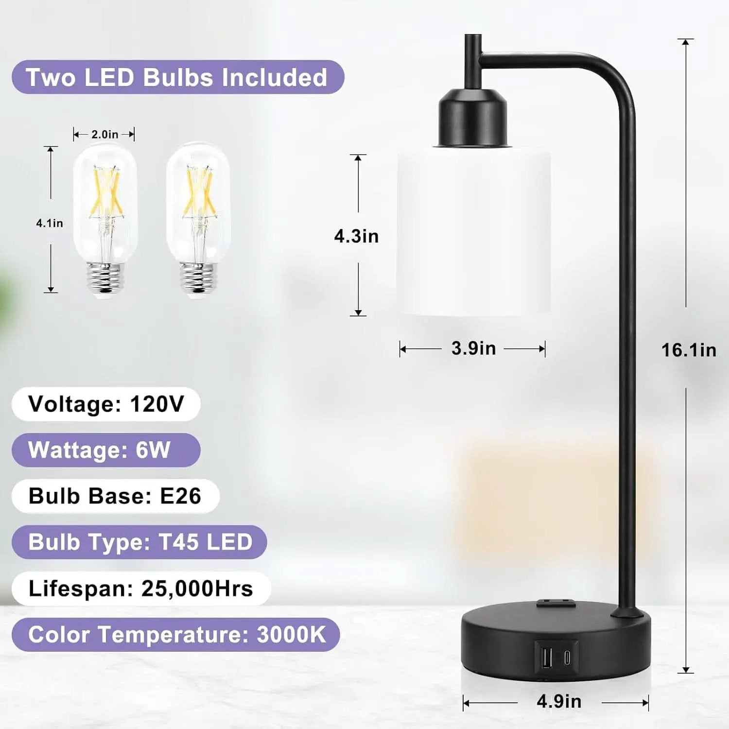 Industrial Touch Bedside Lamps 3-Way Dimmable USB-C from PriceLows™
