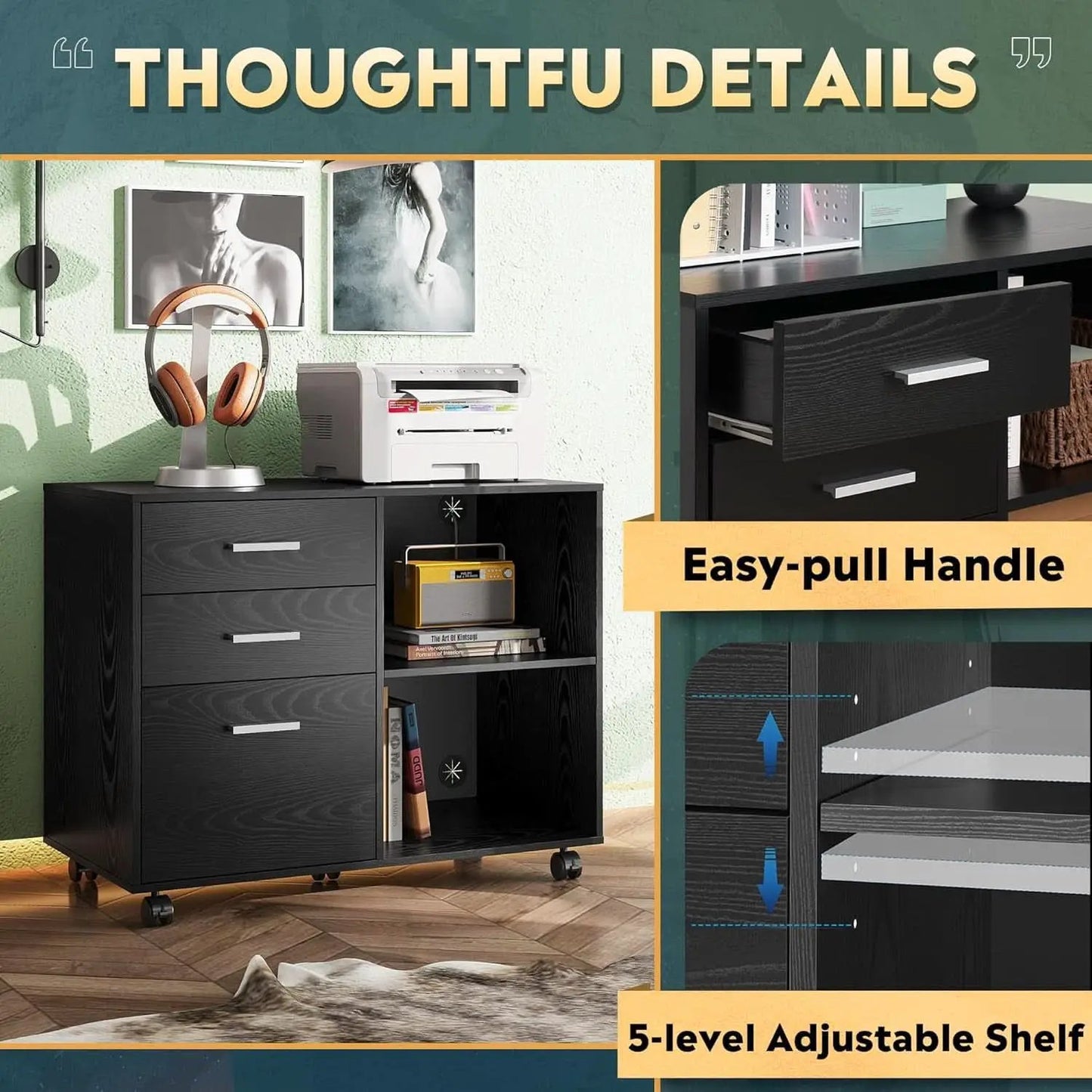 Black 3 Drawer Mobile File Cabinet And Printer Stand With Open Shelves Wood Lateral Filing Cabinet For Home Office from PriceLows™