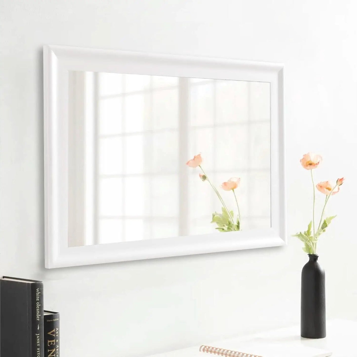 Rectangular White Wood Wall Mirror 24x36 Inches Bathroom