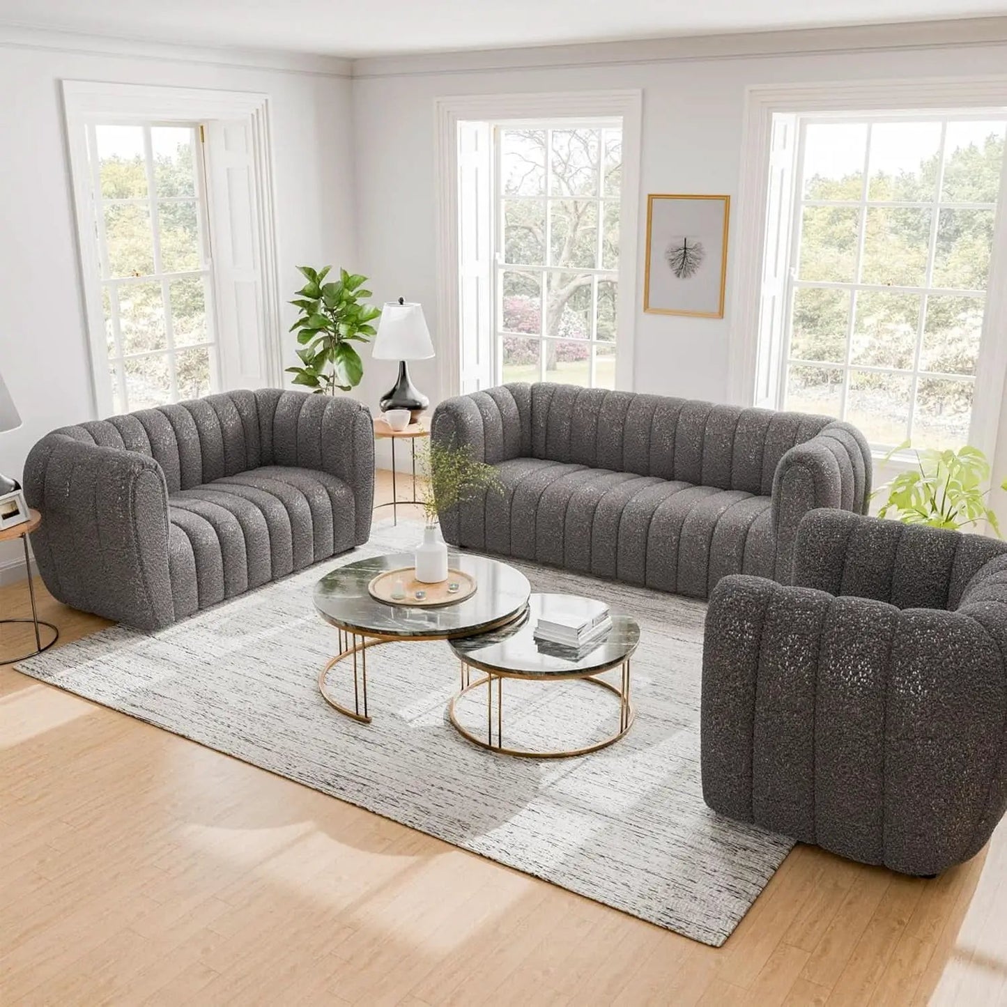 Charcoal Gray Vertical Channel Tufted 3 Piece Sofa Set from PriceLows™
