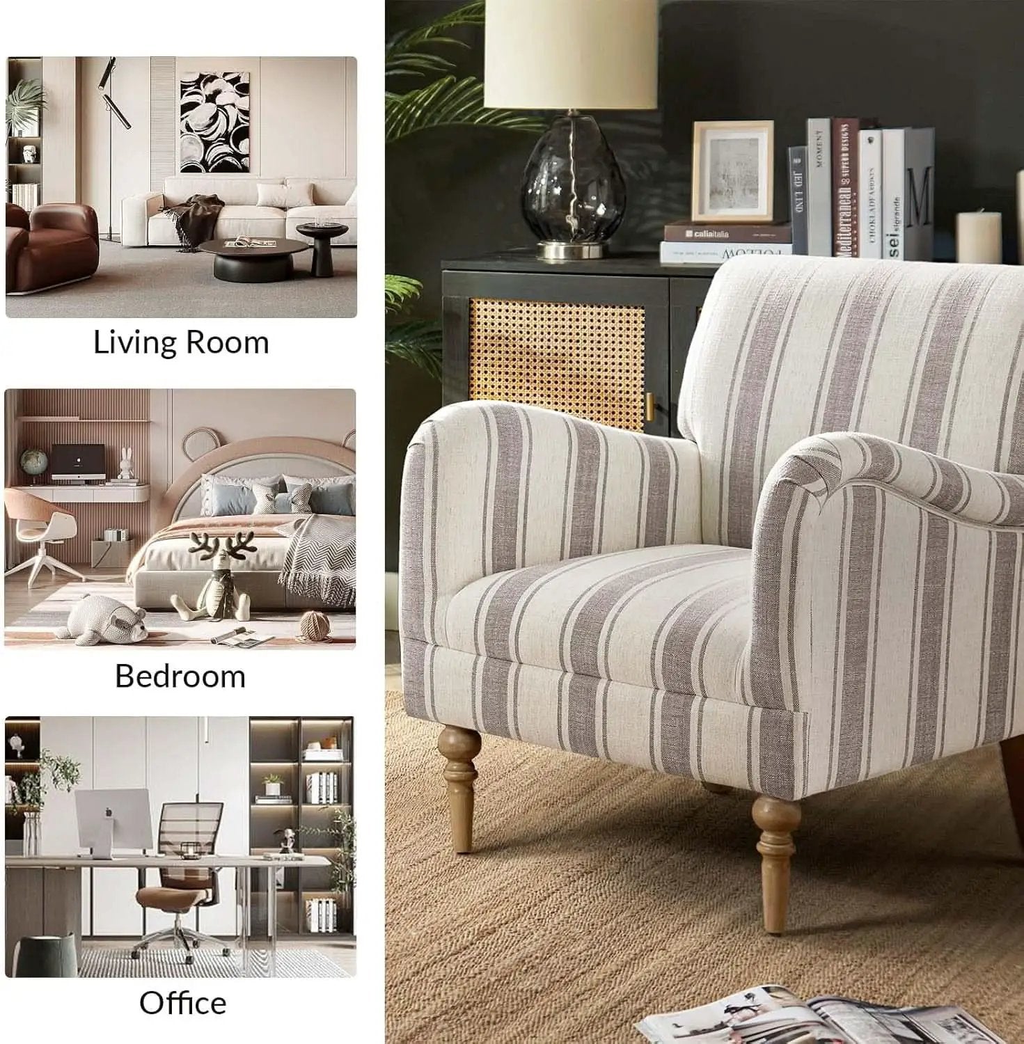 Tan Stripe Accent Chair With Wooden Legs For Living Room from PriceLows™