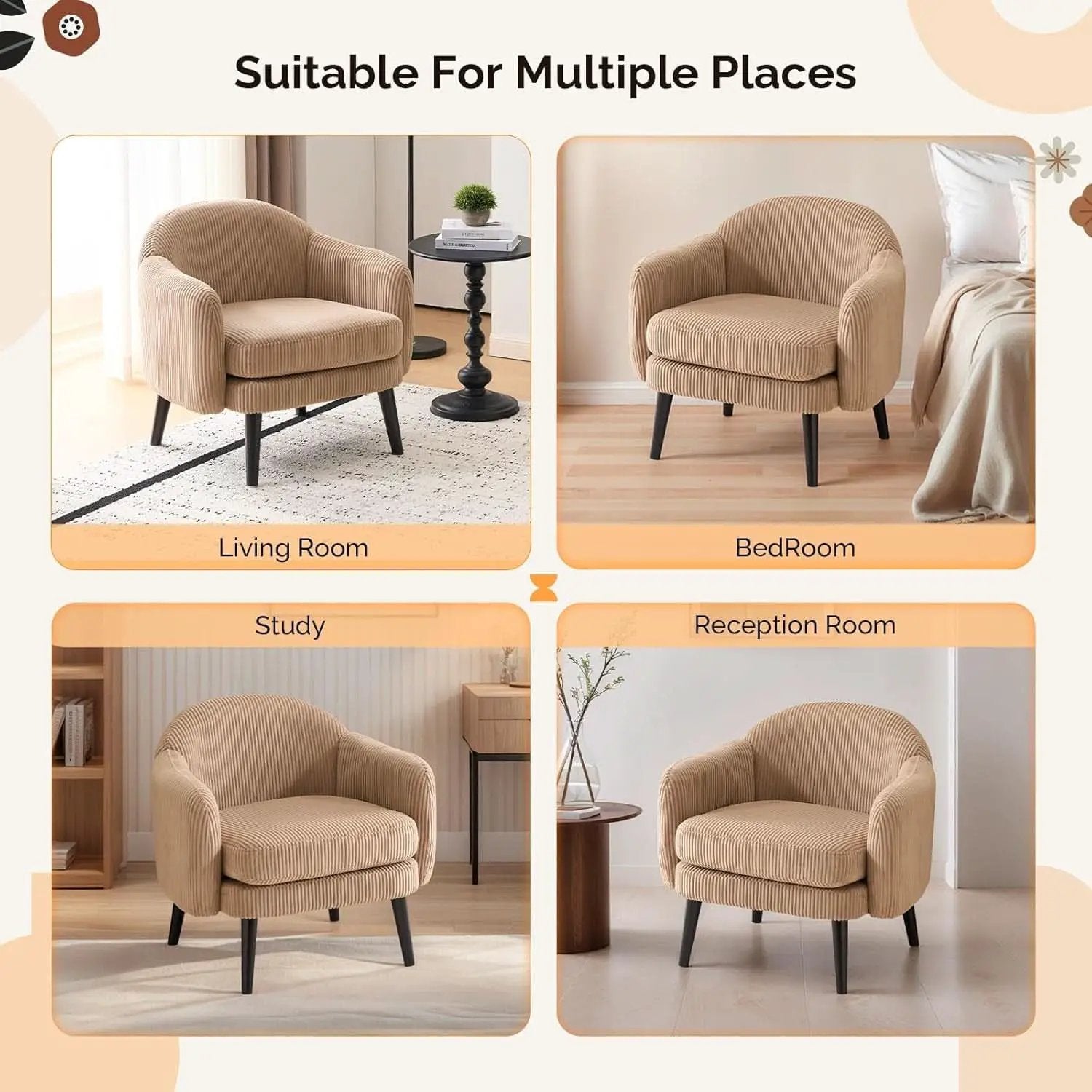 Luxurious Khaki Corduroy Barrel Chair Set 30Inches from PriceLows™