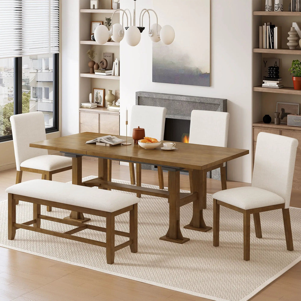 Farmhouse Dining Table Set | Solid Wood | Removable Leaf | 6 Piece