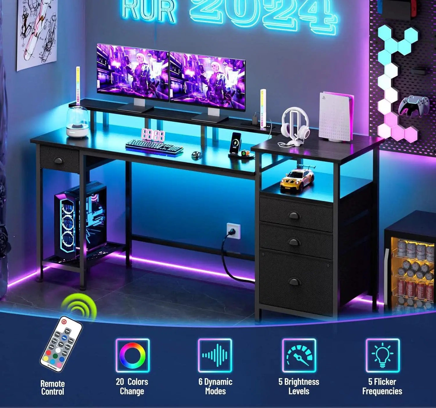 Black 60 Inch Computer Desk With 4 Drawers And Led Lights from PriceLows™
