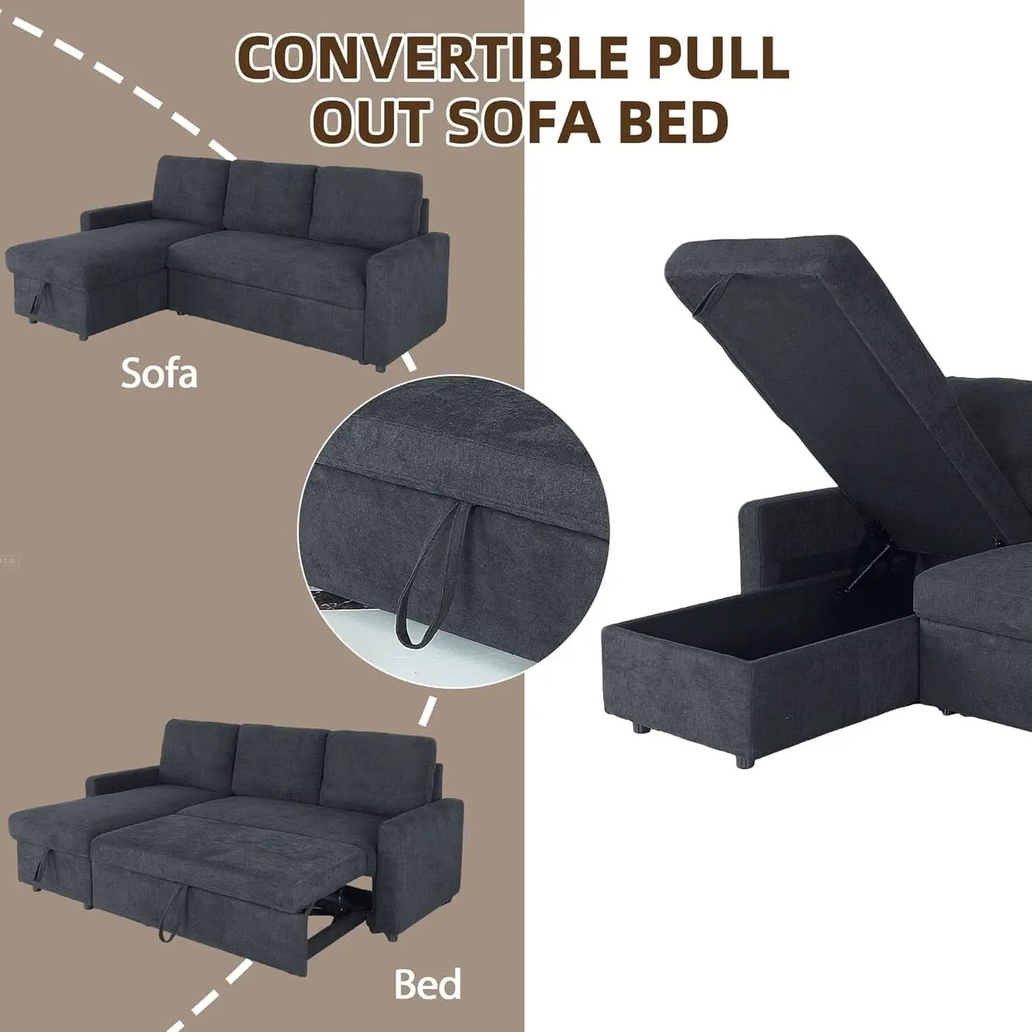 83-Inch Velvet-Black Pull-Out Sleeper Sofa With Storage from PriceLows™