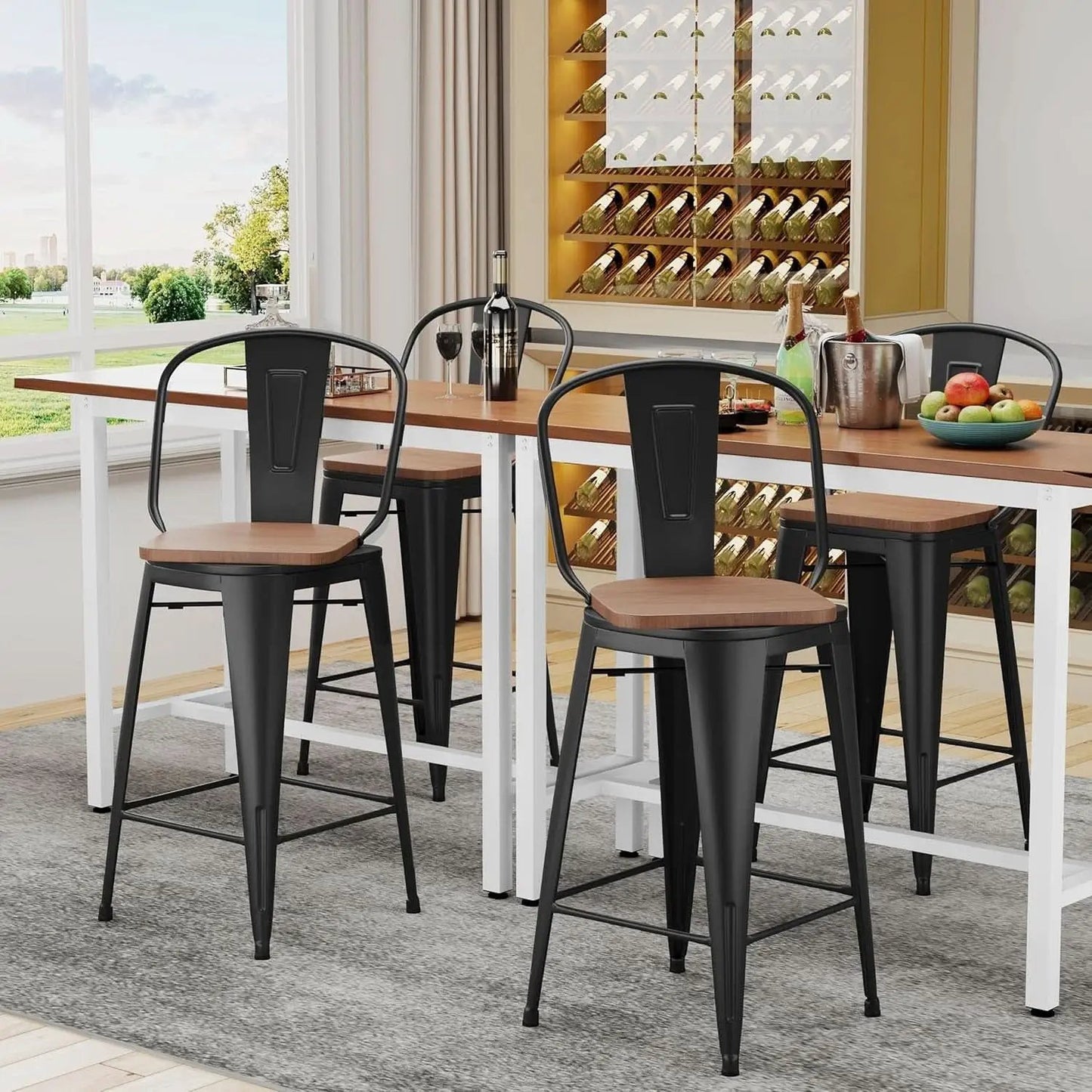 26 Inch Swivel Bar Stools Set Of 4 With Large Wooden Seat Matte Black High Back Design from PriceLows™
