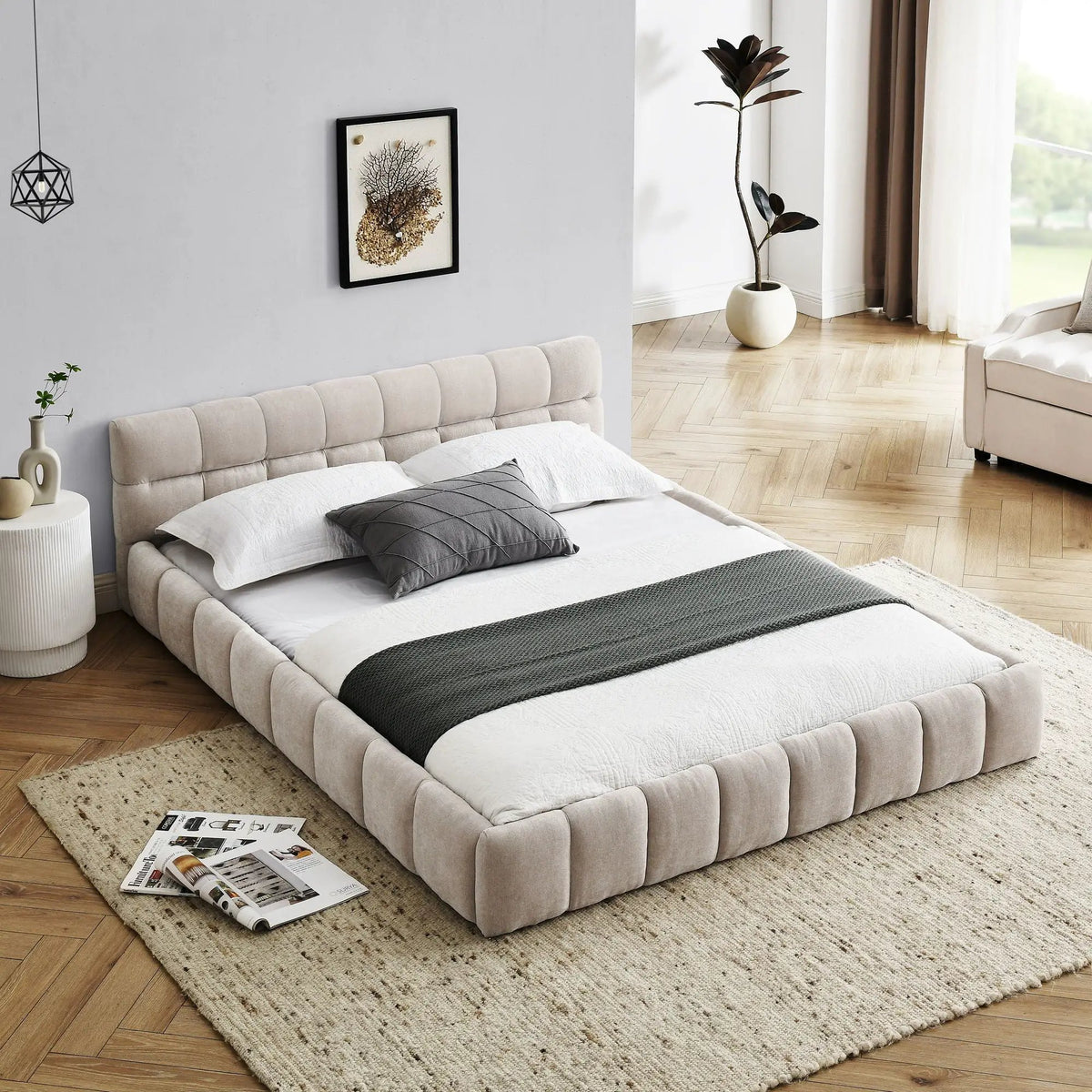 Modern Platform Storage Bed Frame | Thick Fabric Upholstery | Soft Headboard | Solid Construction