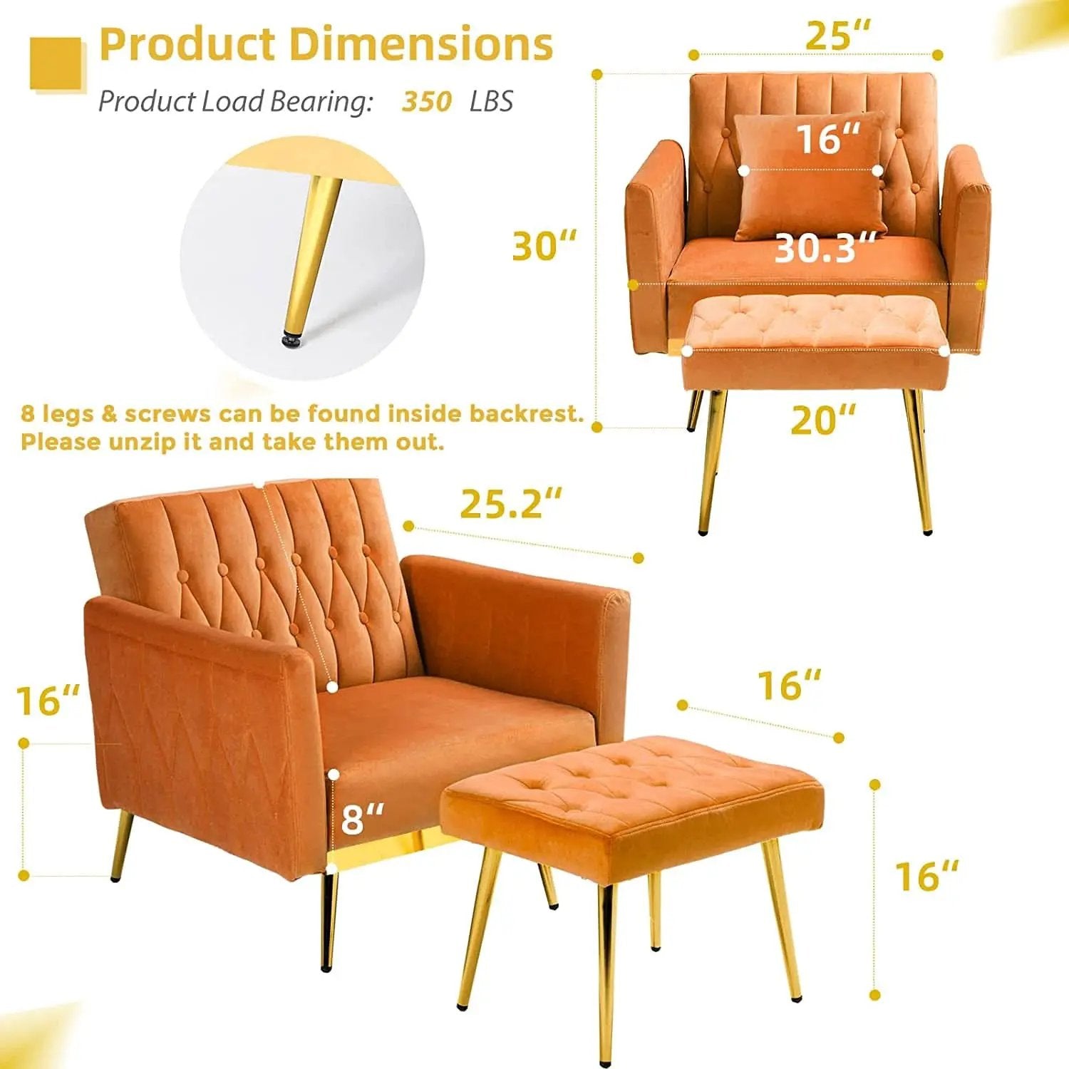 Velvet Armchair With Ottoman And Adjustable Backrest Orange from PriceLows™