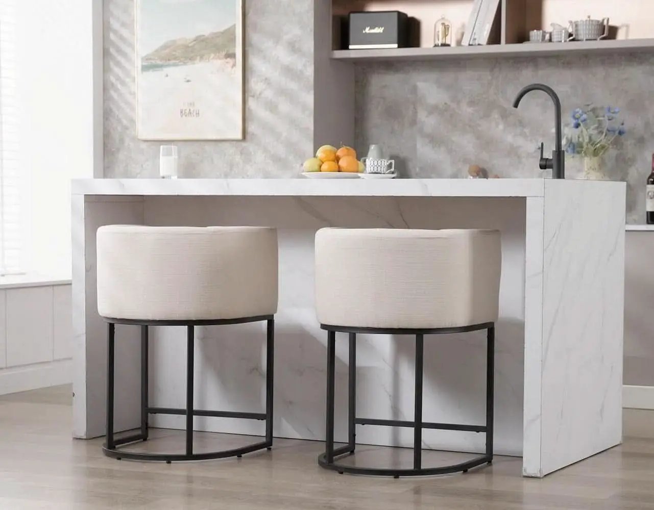 Contemporary Cream Linen Bar Stools Set Of 3 24 In from PriceLows™