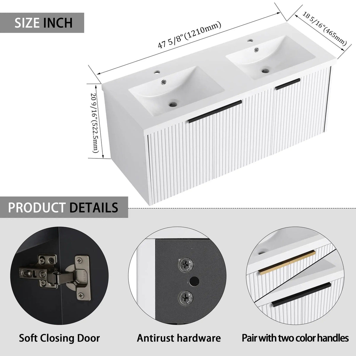 Contemporary Wall Mounted Bathroom Vanity With Resin Double Sink | 6 Pieces | Metal & Plywood | Bathroom