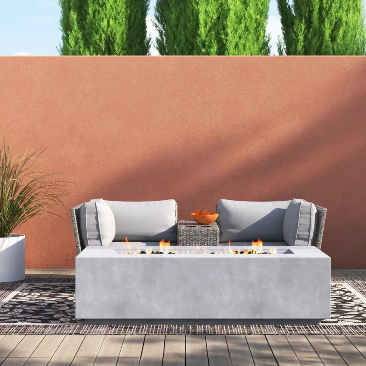 Outdoor Conversation Set | Fire Pit Included | 5 Inch Olefin Cushions | Espresso HDPE Wicker
