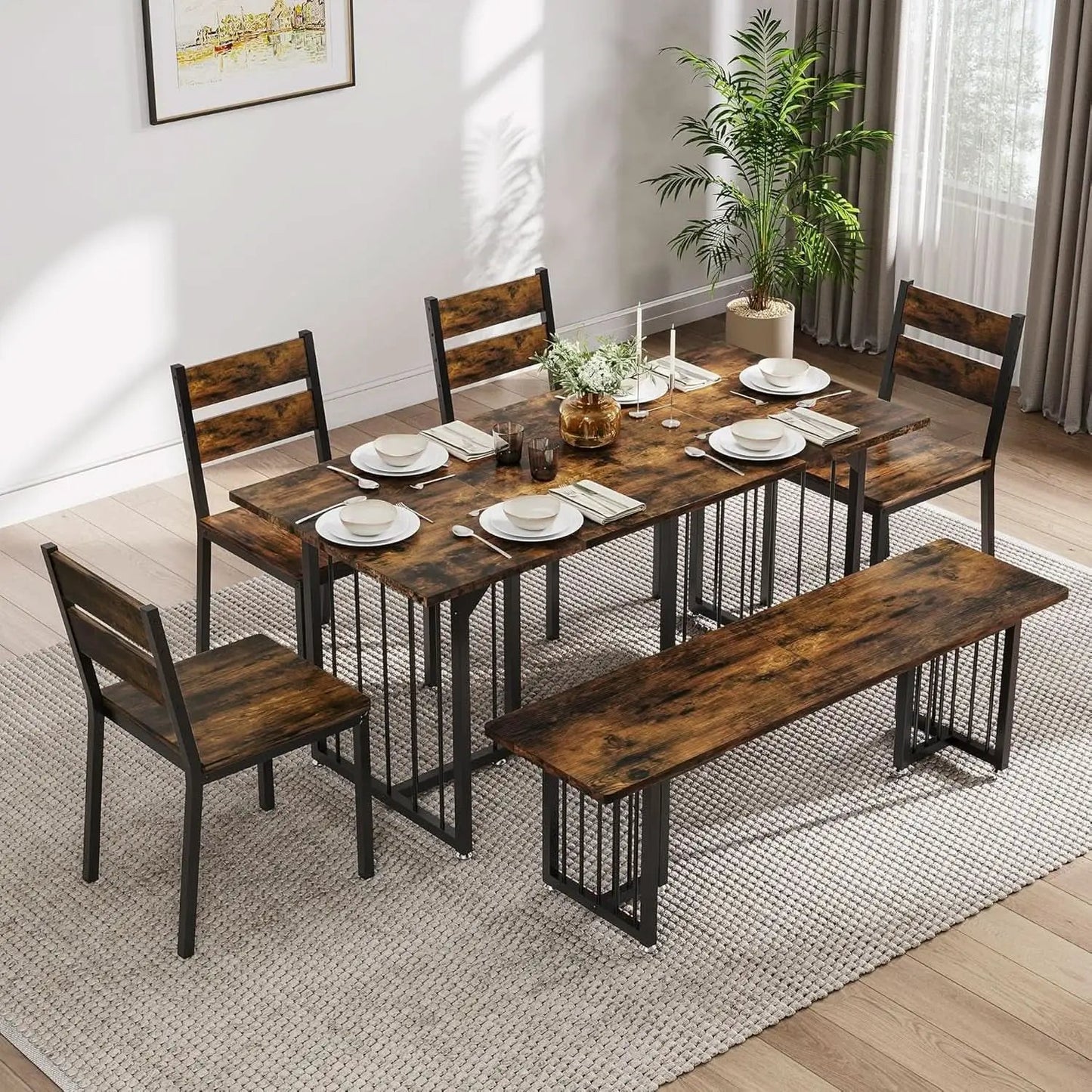 63 Inches Luxurious Farmhouse Dining Table Set Walnut from PriceLows™