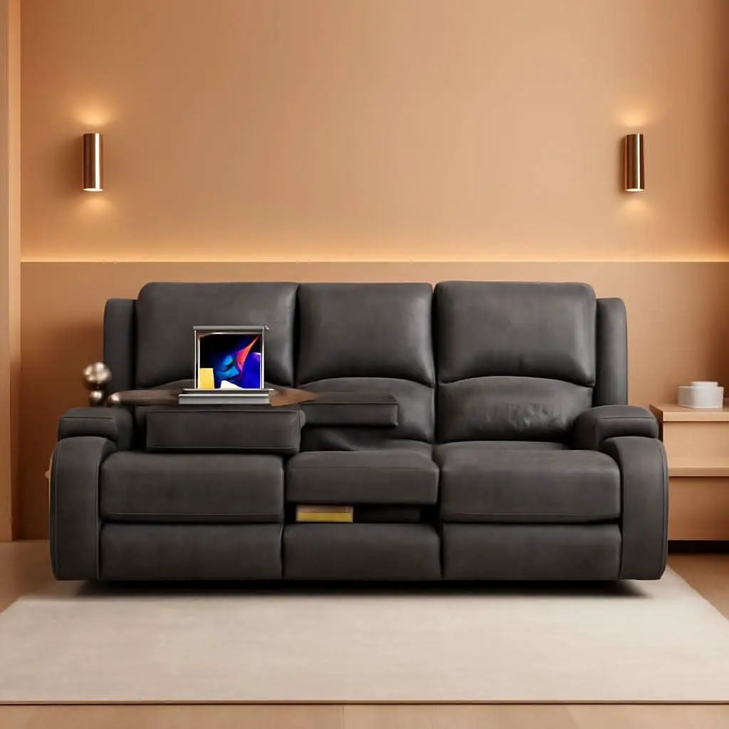 Grey Velvet 3 Seater Recliner Sofa With USB Ports Storage from PriceLows™