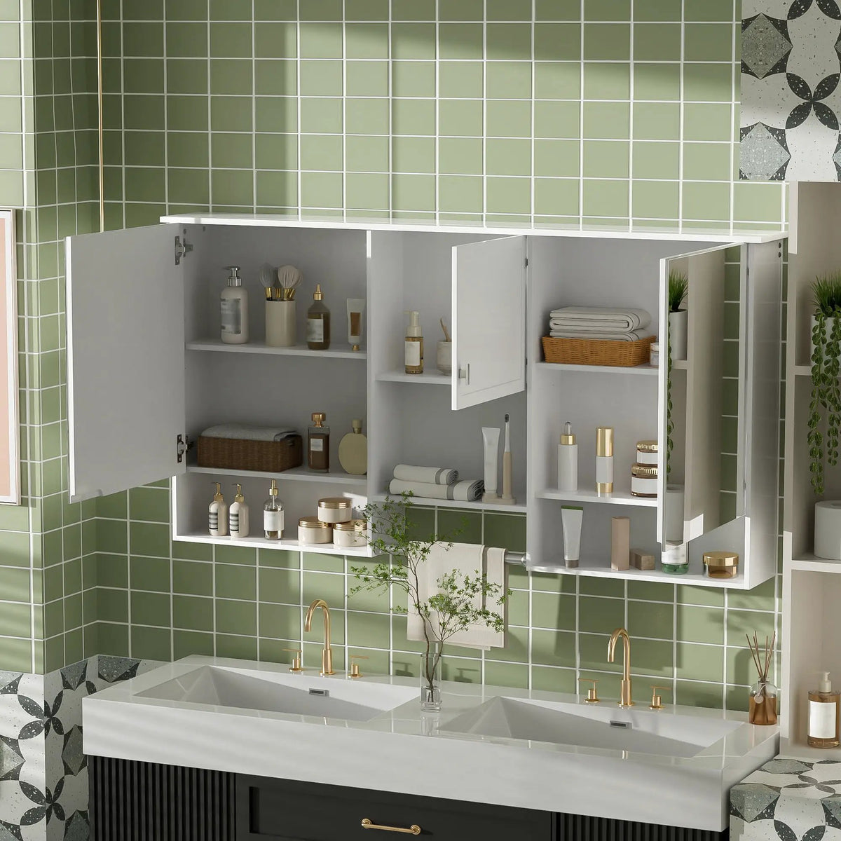 White Wall-Mount Mirror Cabinet | 55 Inch Width | 3-In-1 Design | Soft-Closing Hinges