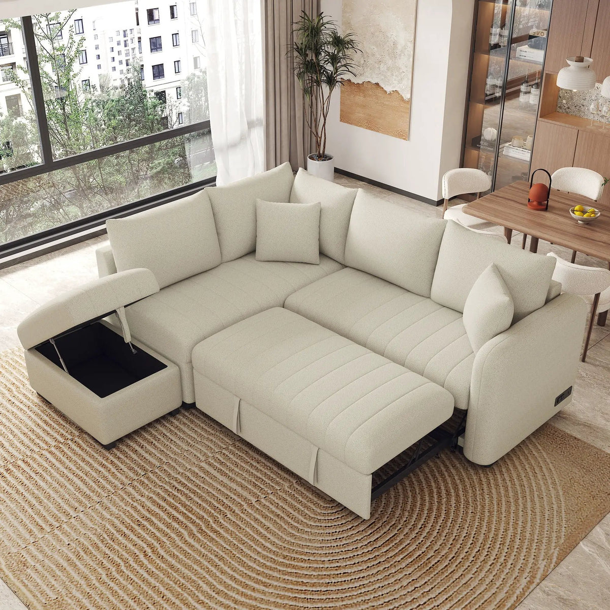 L Shaped Sectional Sofa Bed | USB Ports | Power Sockets | Storage Ottoman