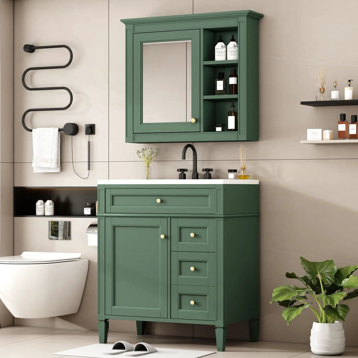 Bathroom Vanity With Top Sink, 2 Doors And 3 Drawers, Freestanding Set With Mirror | Vanity & Cabinet | Solid Wood & Ceramic | Bathroom