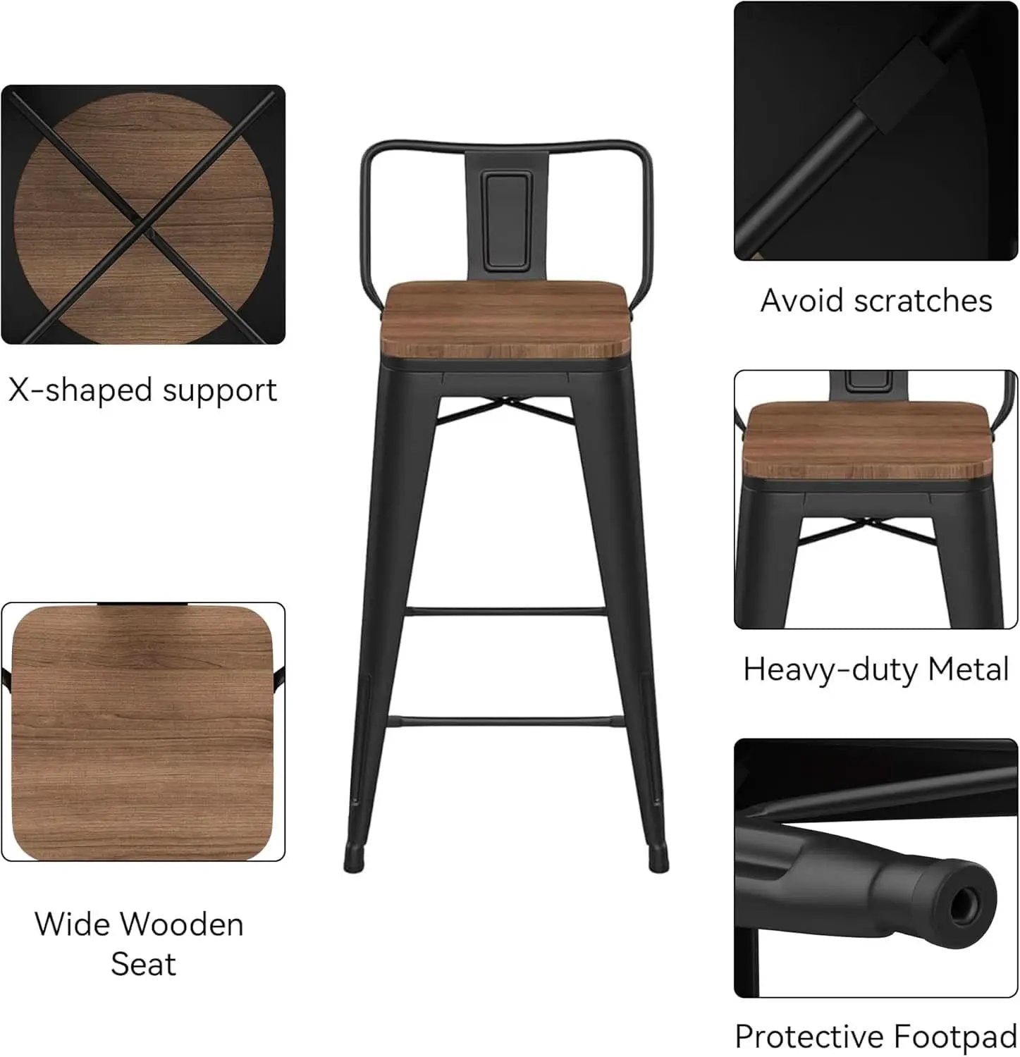 30 Inch Low Back Metal Barstools With Wooden Seat from PriceLows™