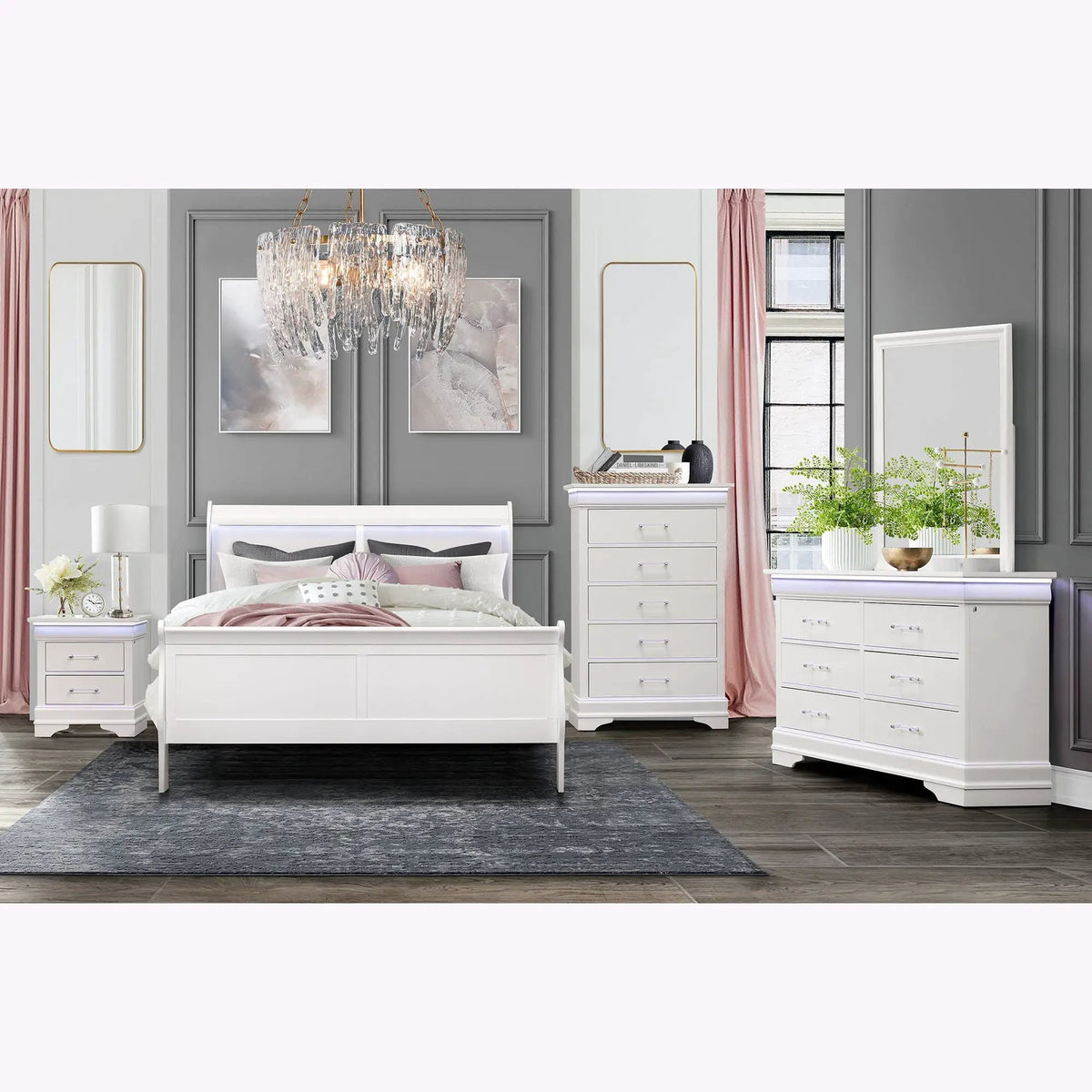 Charlston Sleigh Bed | Integrated LED Lighting | Modern Sleigh Design | 84.5 Inch Length