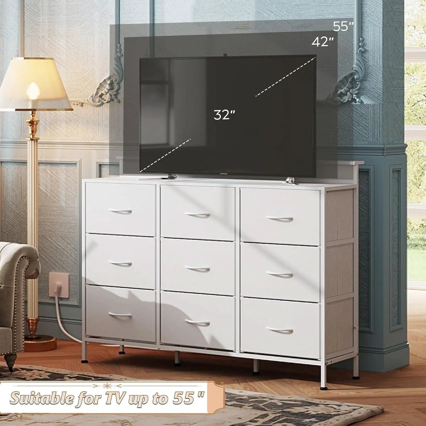 White Dresser TV Stand 55 Inch With LED Lights And Charging from PriceLows™