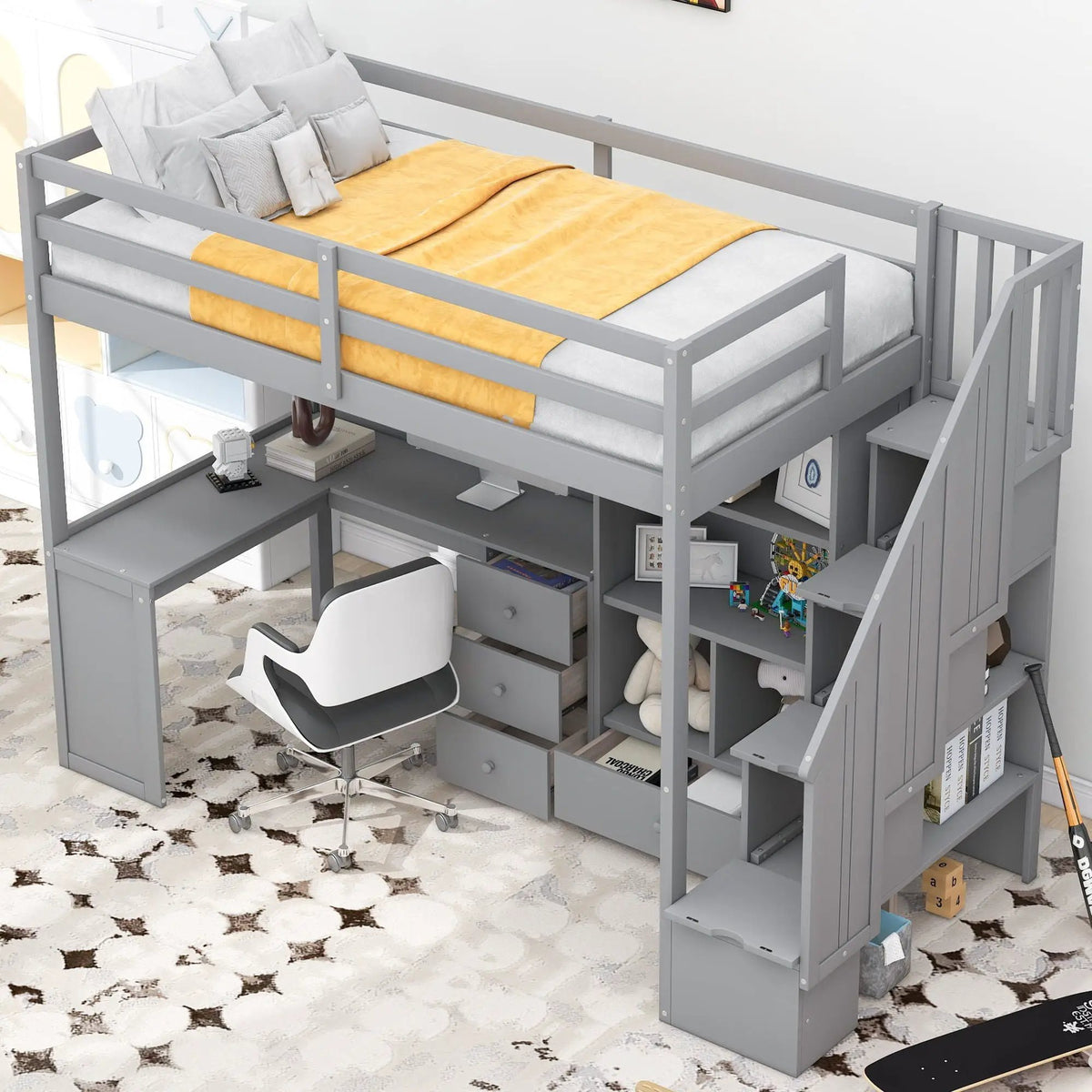 Loft Bed | L Shaped Desk | Storage Staircase | Built In Drawers