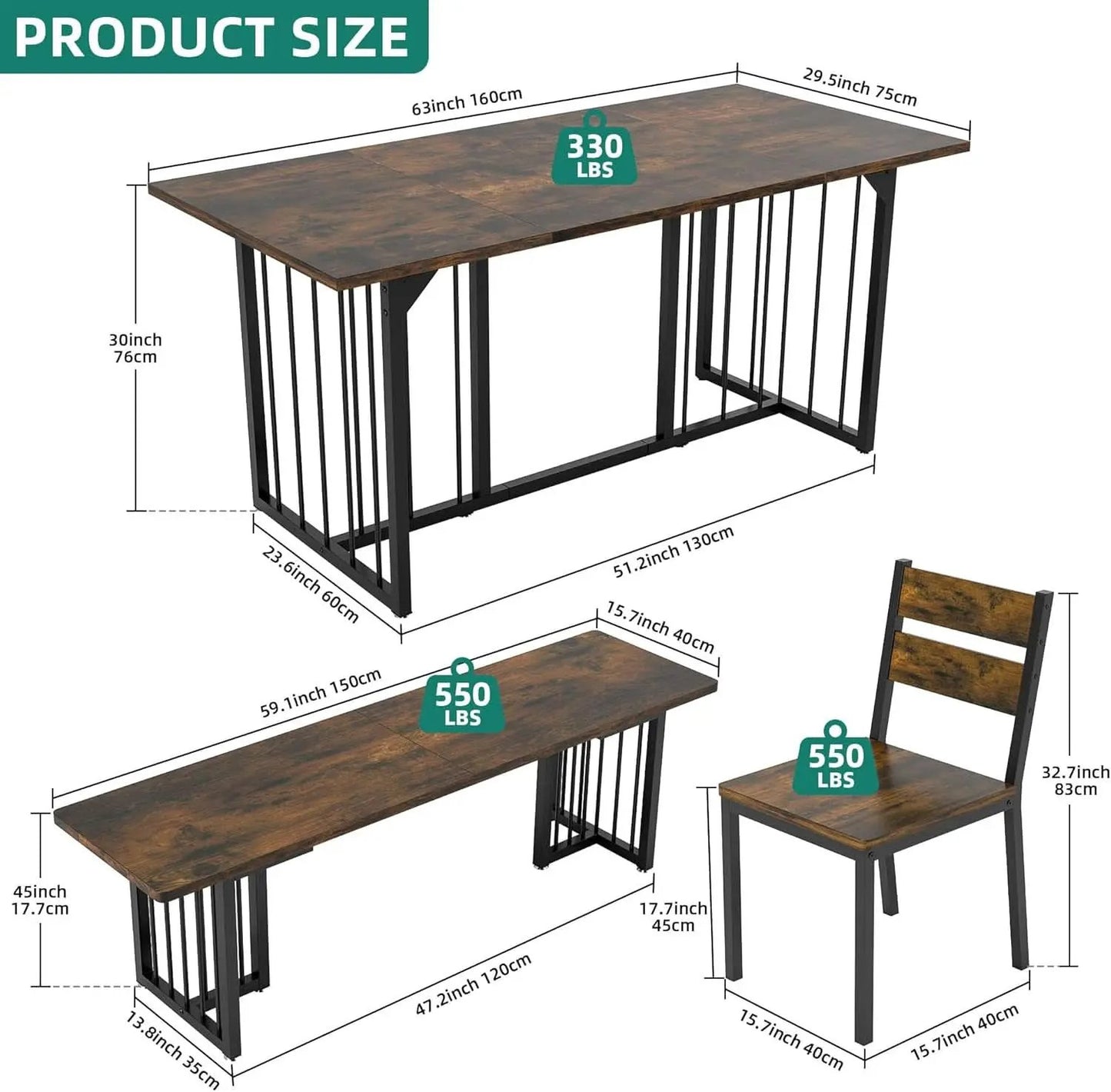 63 Inches Luxurious Farmhouse Dining Table Set Walnut from PriceLows™