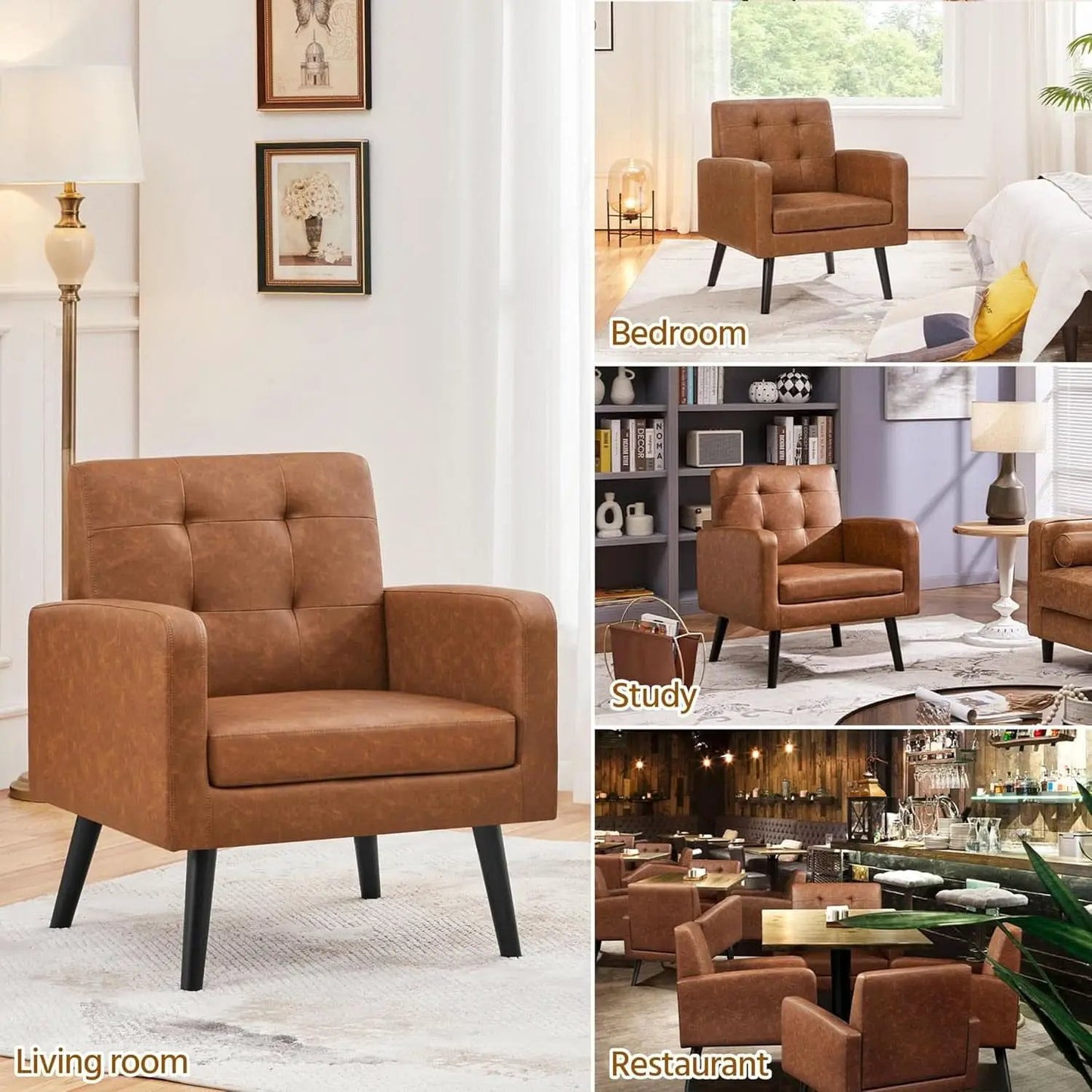 Brown PU Leather Midcentury Upholstered Ergonomic Armchair from PriceLows™