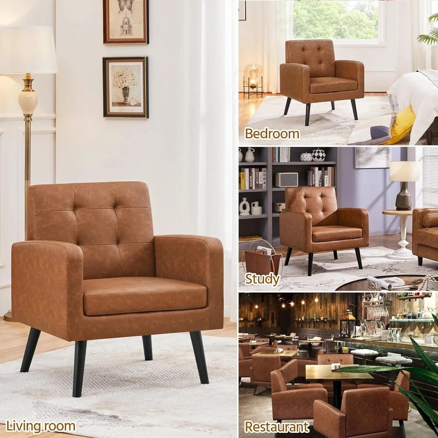 Brown PU Leather Midcentury Upholstered Ergonomic Armchair from PriceLows™