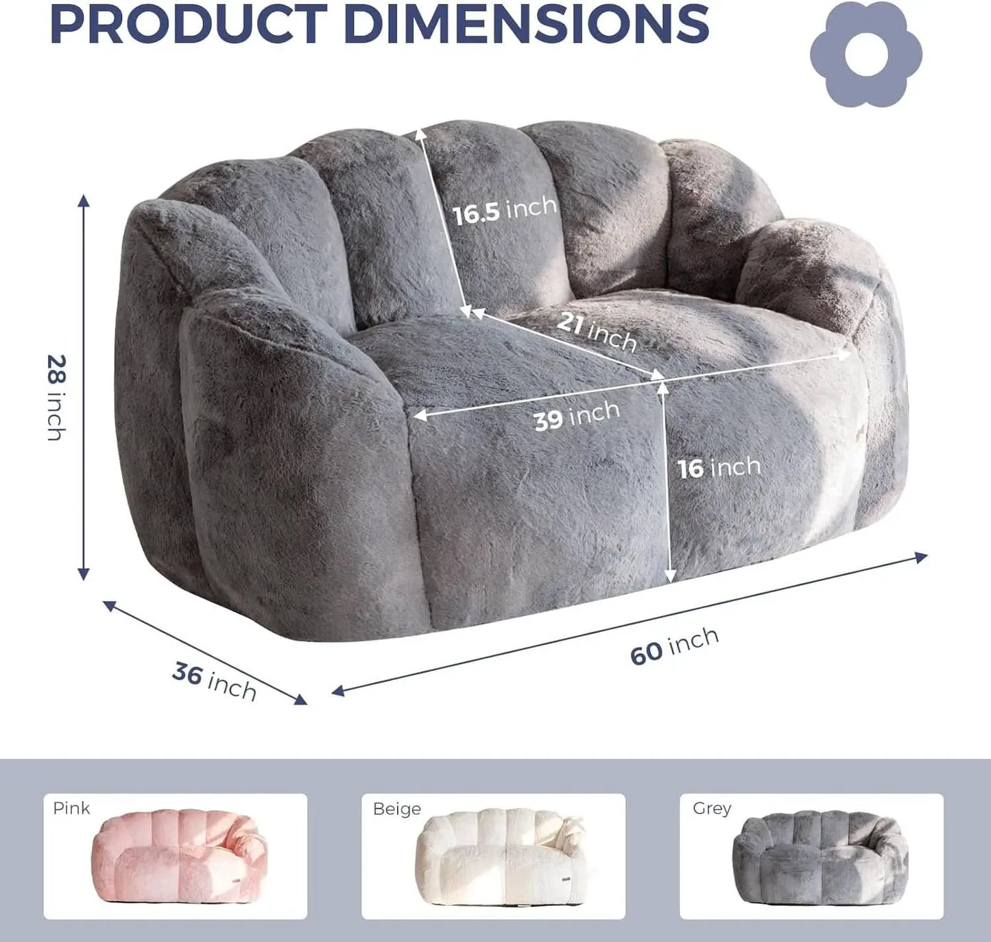 Dark Grey Floral Faux Fur Bean Bag Chair For Adults from PriceLows™