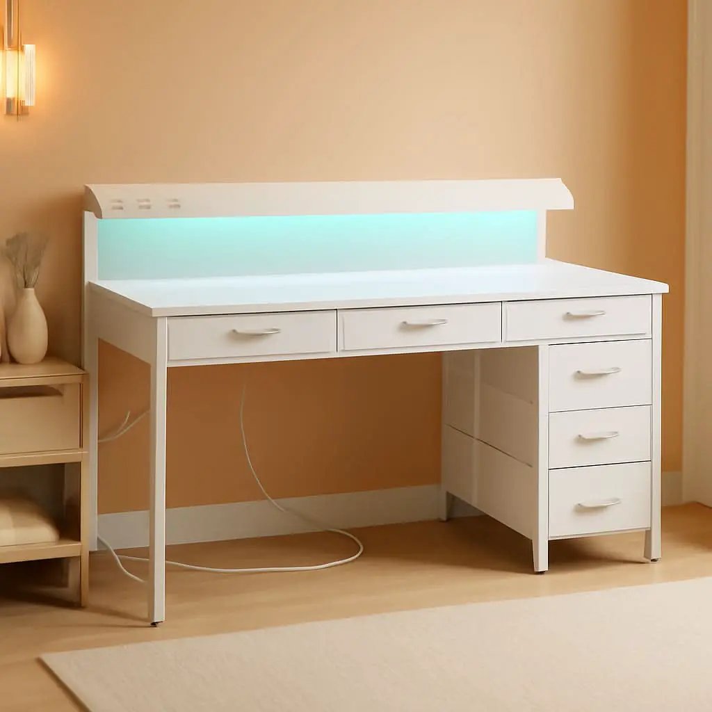 White 47 Inch LED Gaming Desk With 6 Drawers USB Type C from PriceLows™