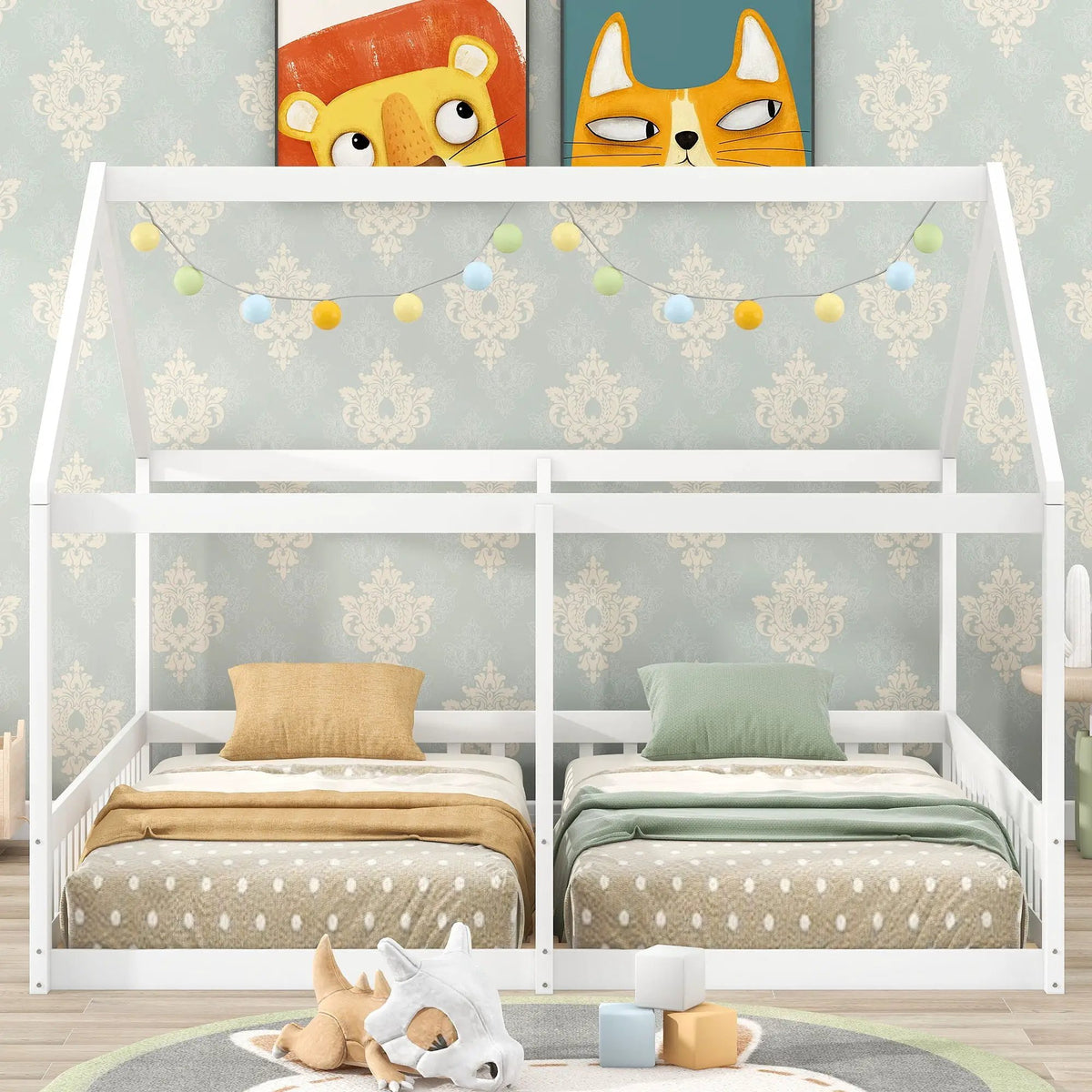 House Platform Bed | Solid Steel Frame | Twin Shared Bunks | Built In Guards
