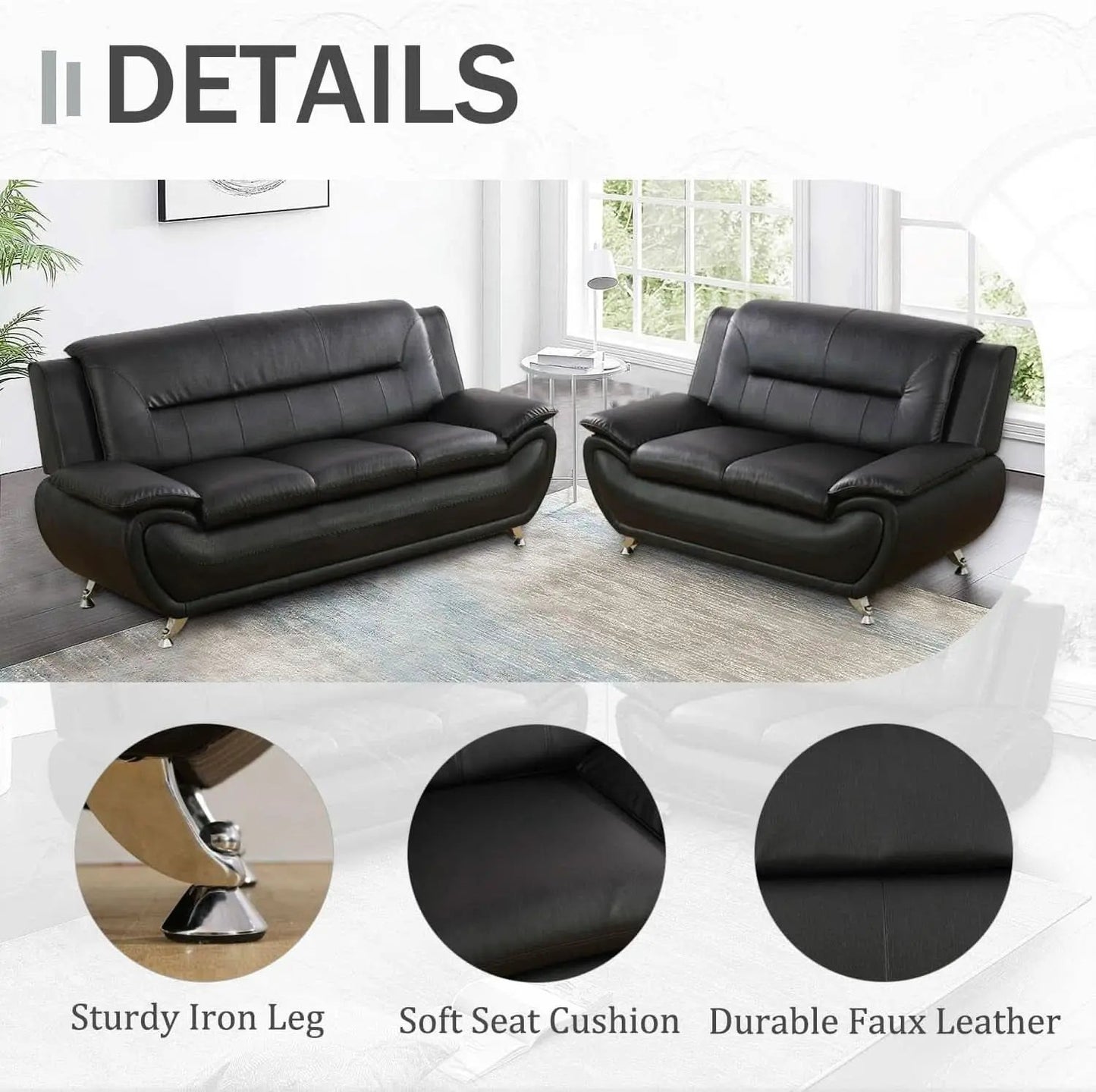 Black Faux Leather Sofa Loveseat 2 Piece Living Room Set from PriceLows™