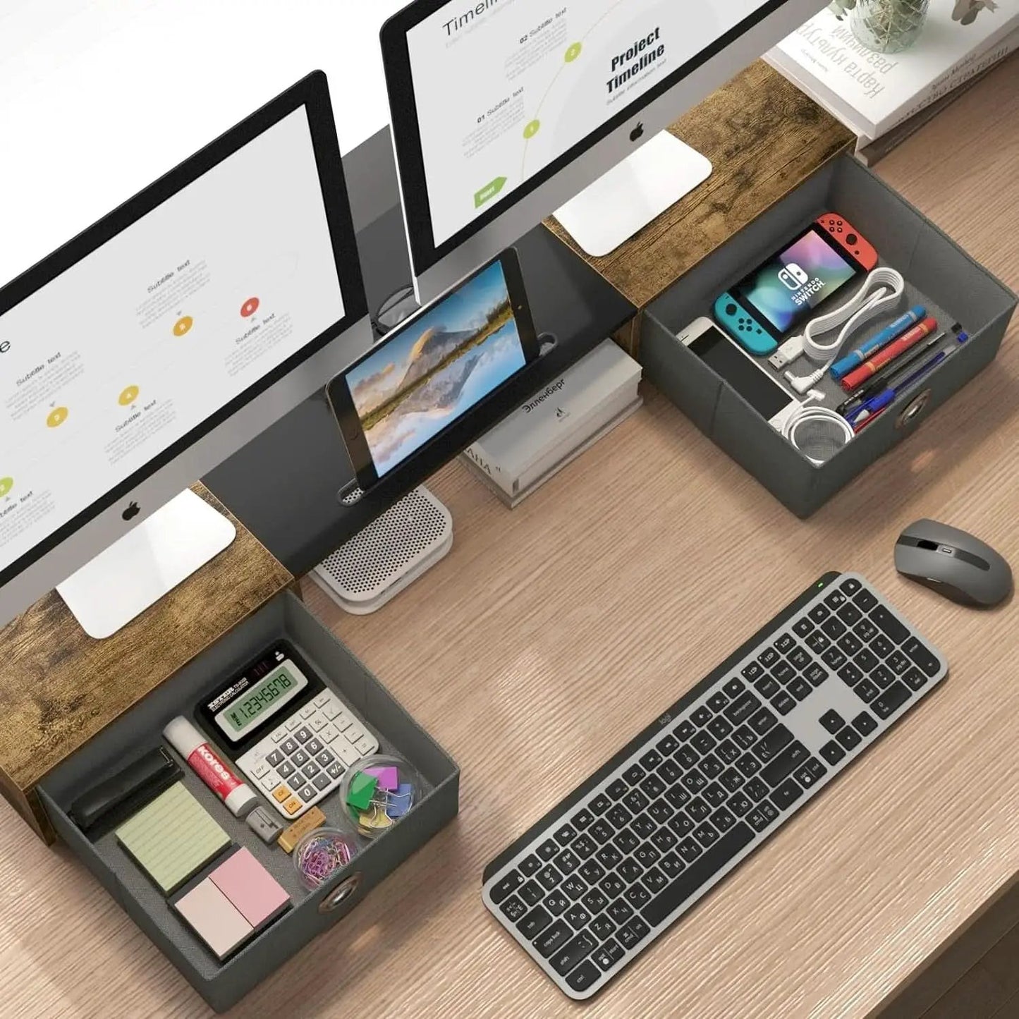 Dual Monitor Stand Riser For Two Monitors With Two Drawers from PriceLows™