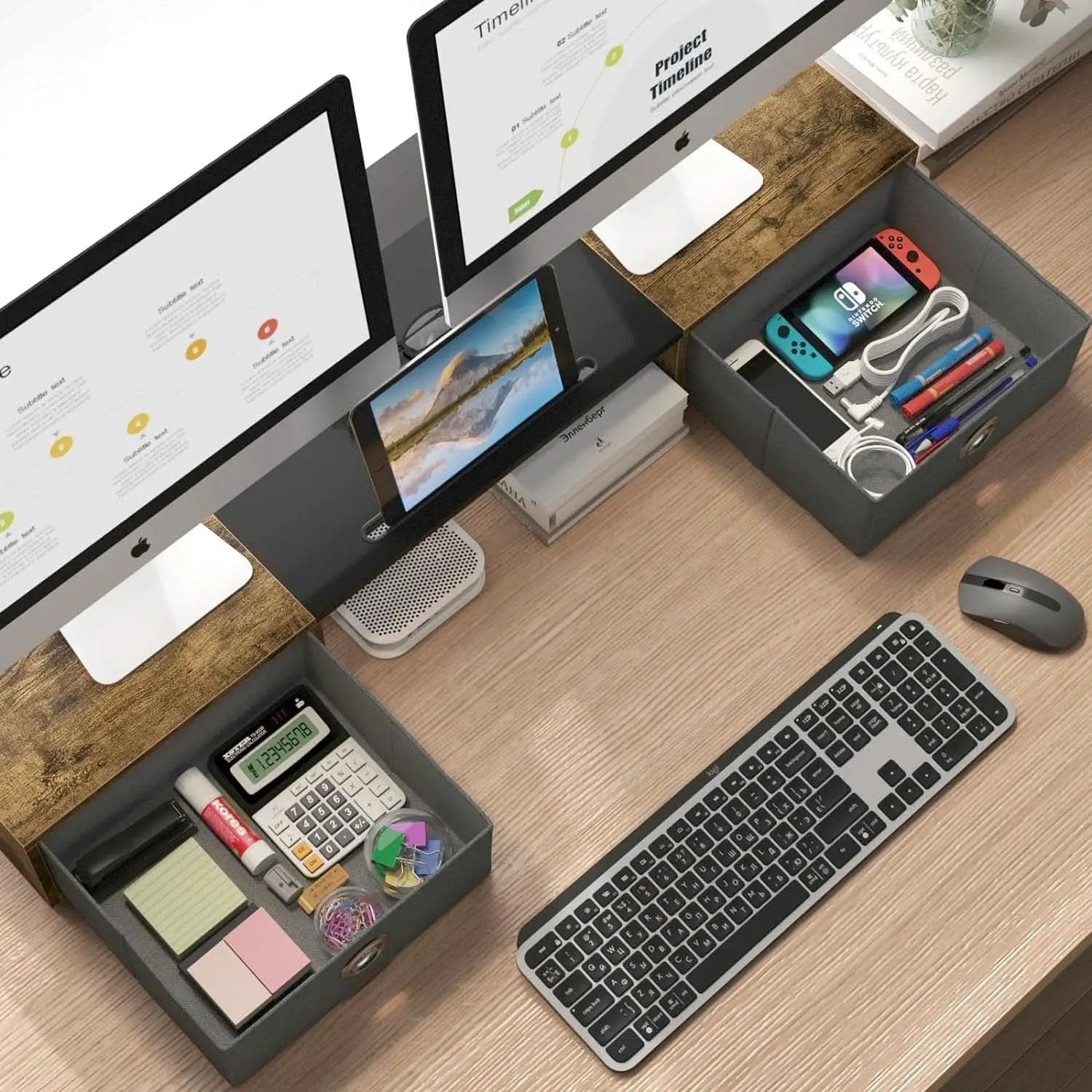 Dual Monitor Stand Riser For Two Monitors With Two Drawers from PriceLows™