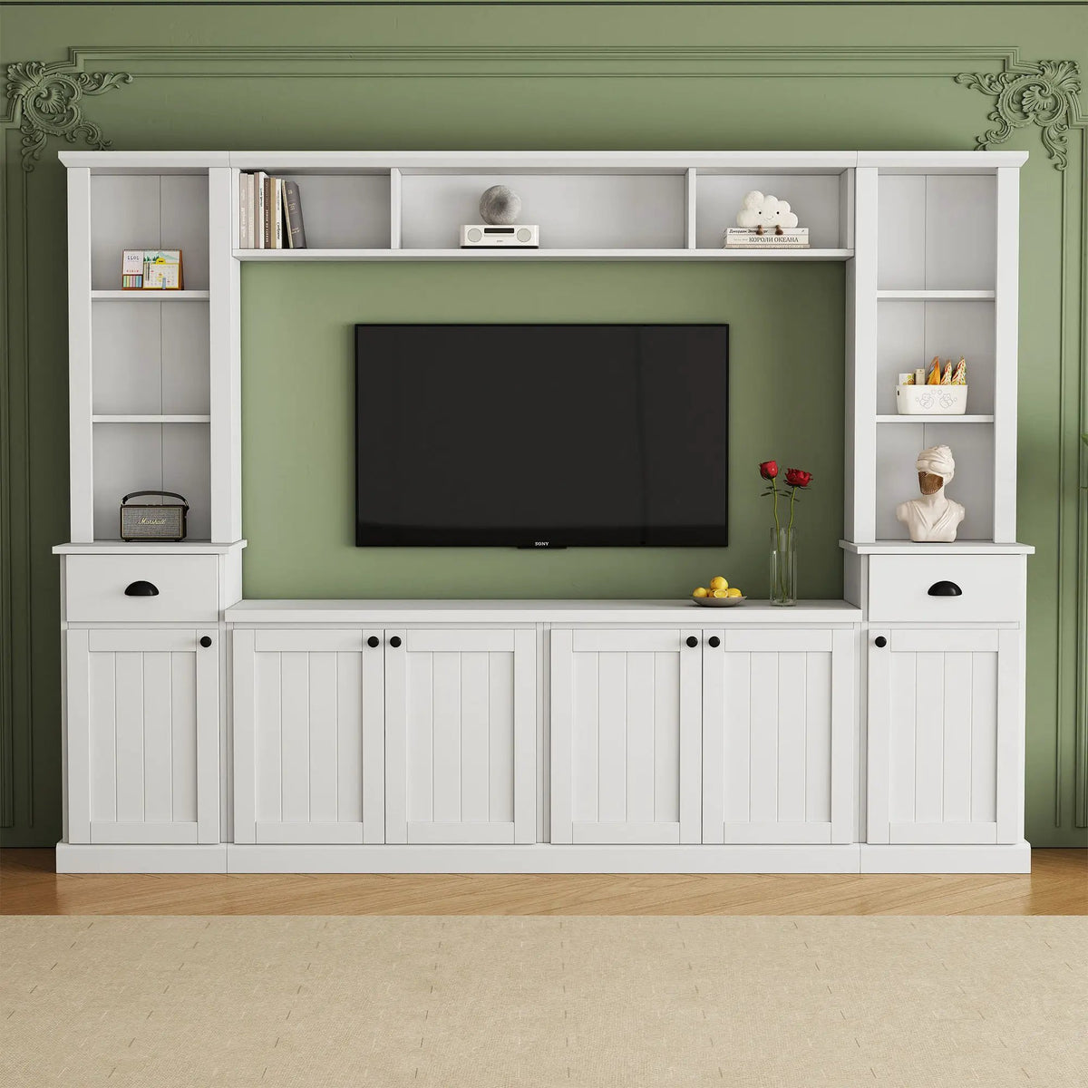 Minimalist Entertainment Wall Unit | Fits TVs Up To 75 Inch | Adjustable Bridge Height | Plank-Inspired Doors