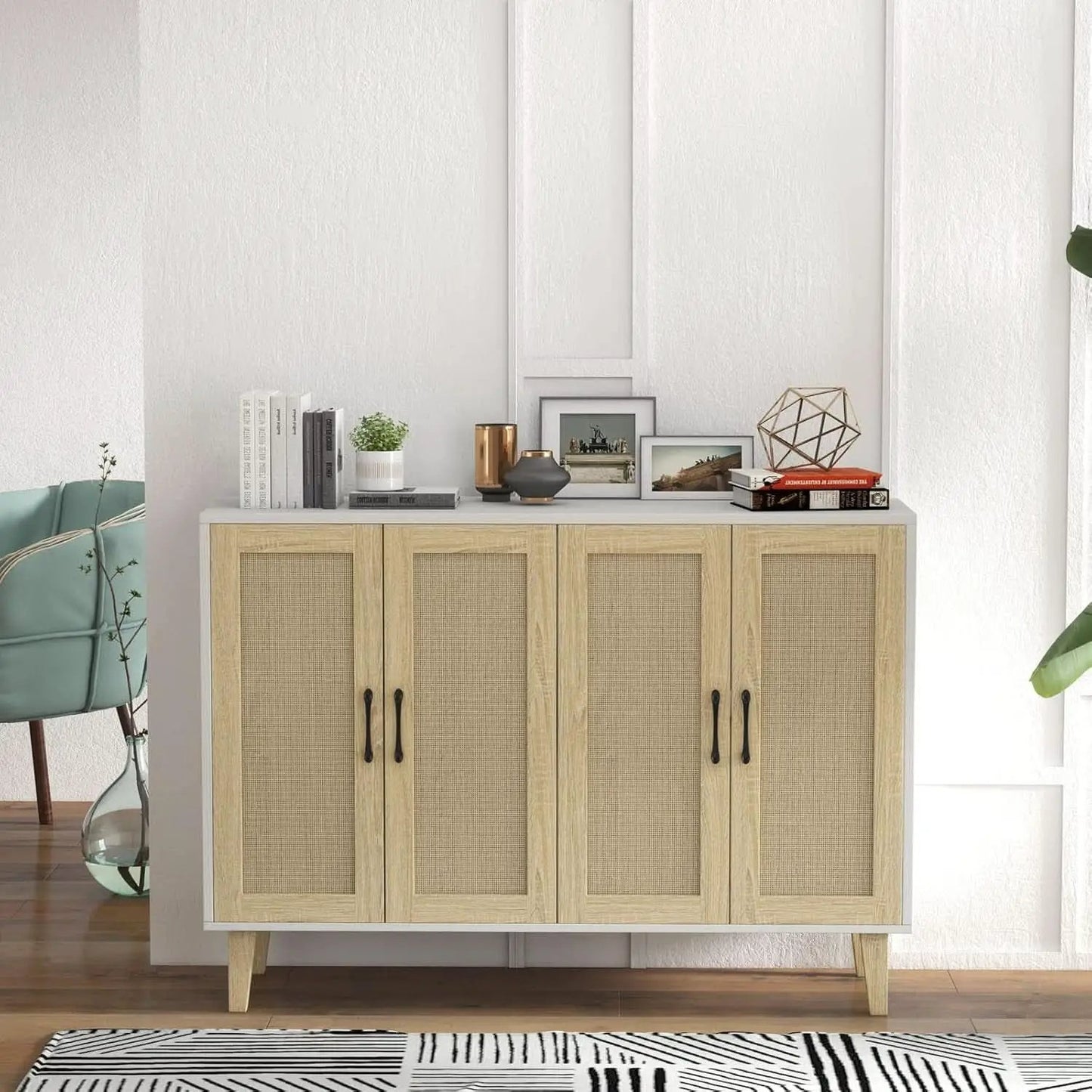 Buffet Storage Cabinet White Rattan Decor 4 Doors 48 Inch from PriceLows™