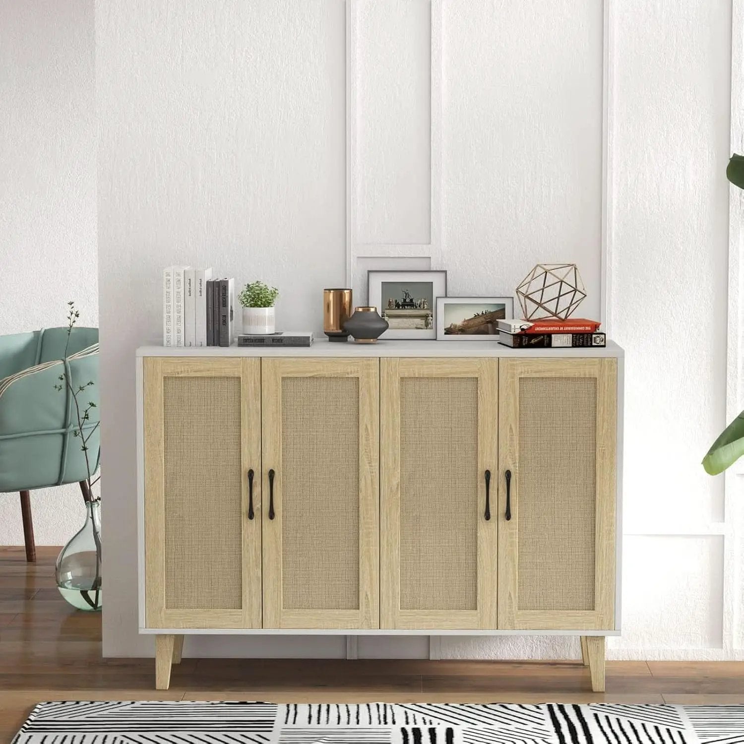 Buffet Storage Cabinet White Rattan Decor 4 Doors 48 Inch from PriceLows™