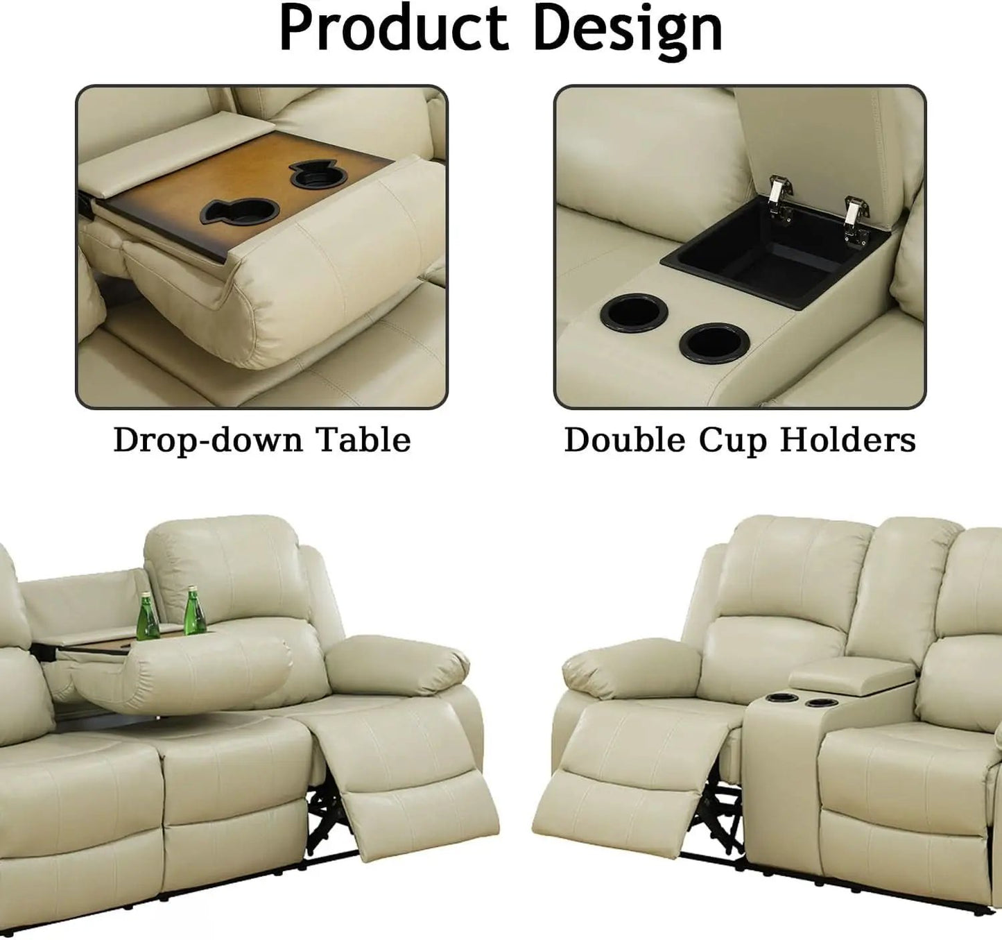 Beige Leather Recliner Sofa Set With Storage And Cup Holder from PriceLows™