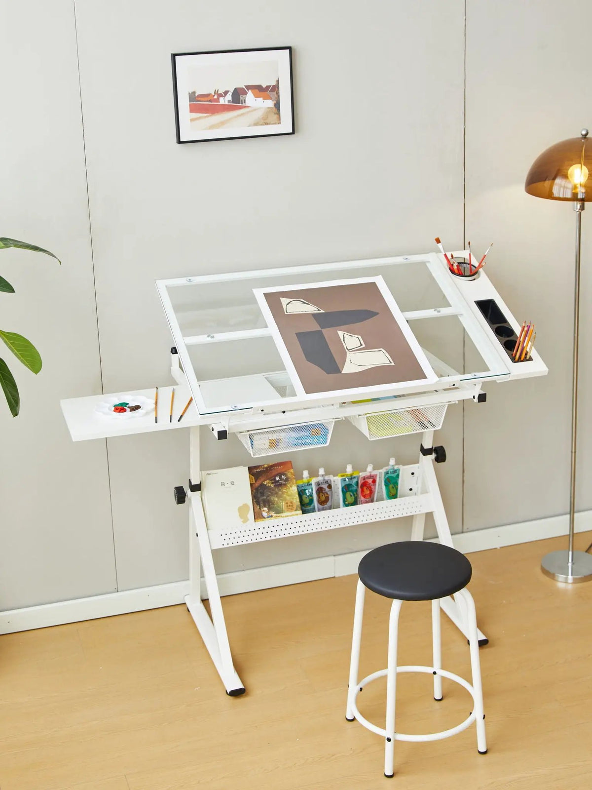 Tempered Glass Drafting Table | Adjustable Tilt 0 To 75 Degrees | Two Metal Drawers | Chair Included